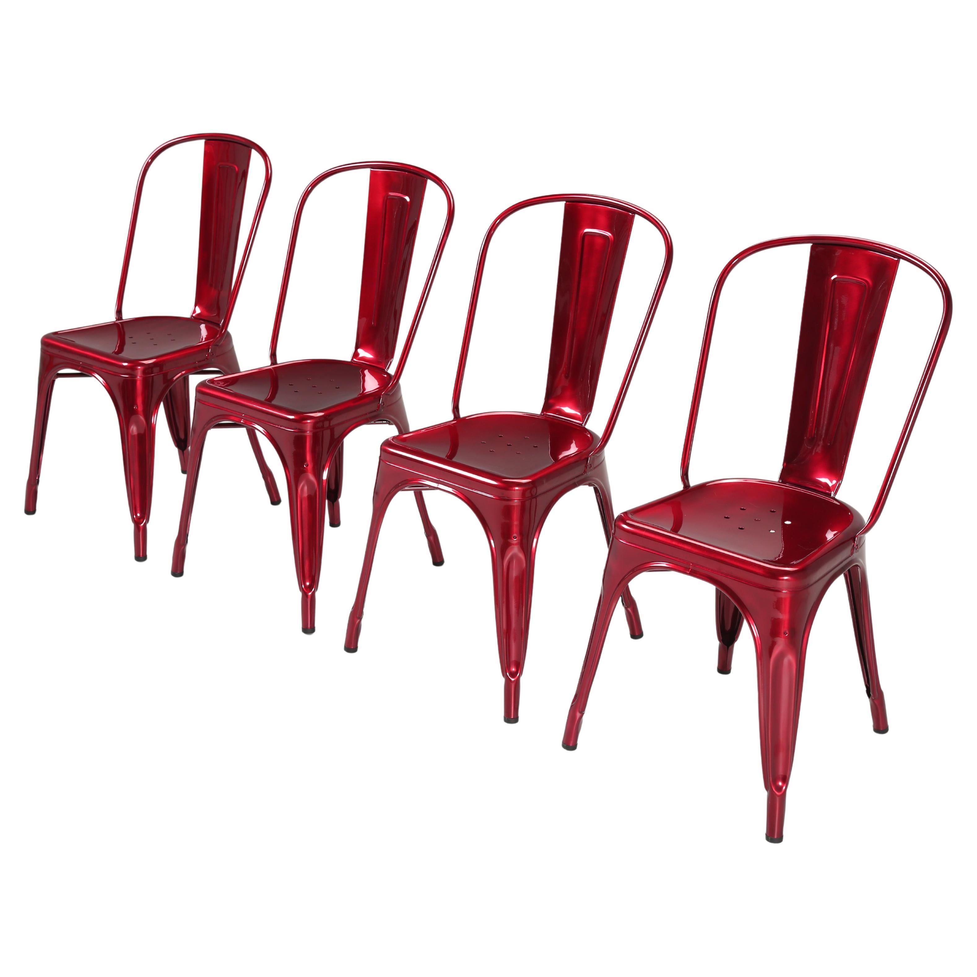 Tolix Set of (4) Steel Stacking Chairs in a Brilliant Candy Apple Red Metallic