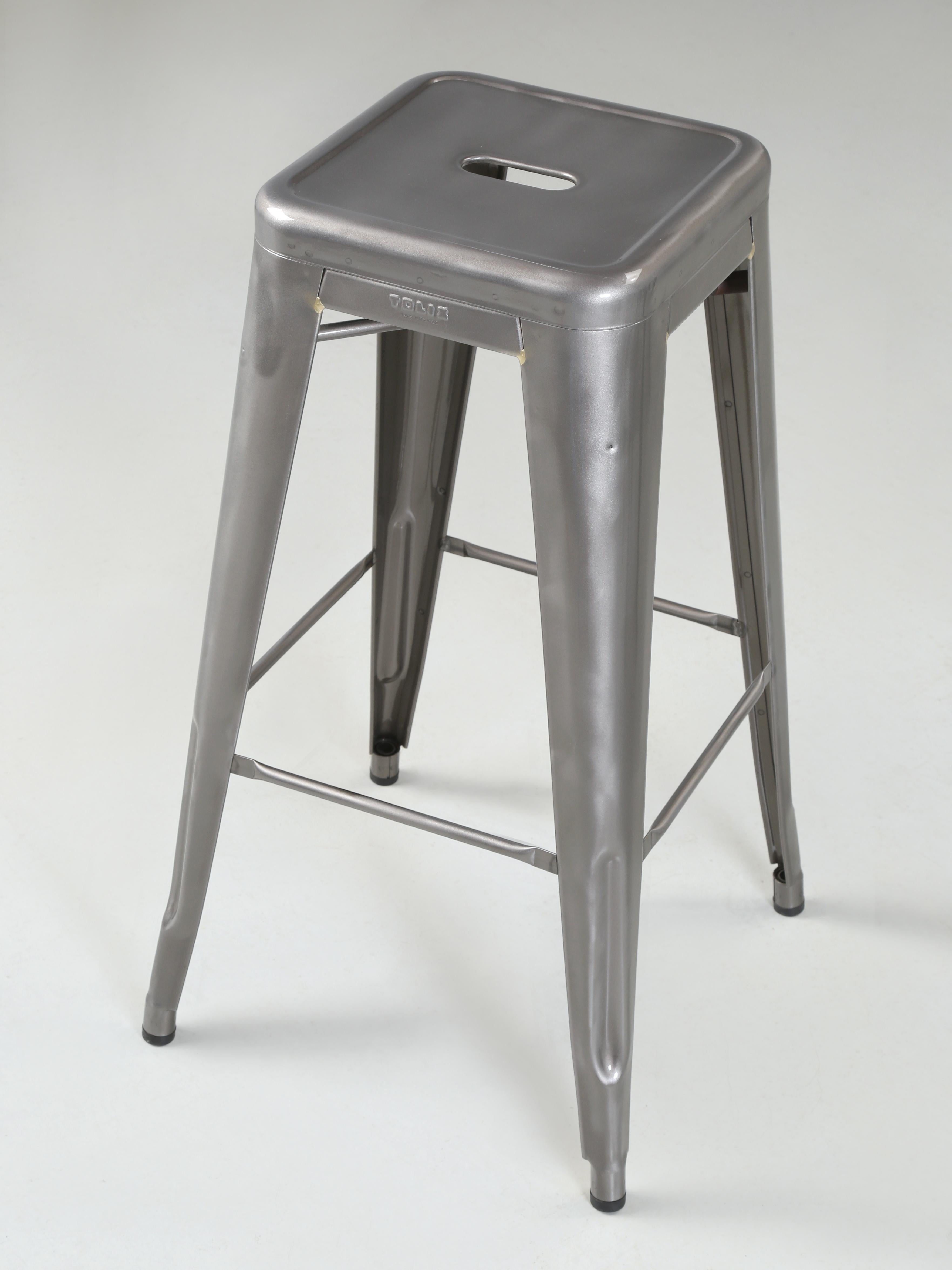 Industrial Tolix Set of (6) Bar Height Stools Made in French Also Counter Height Available For Sale