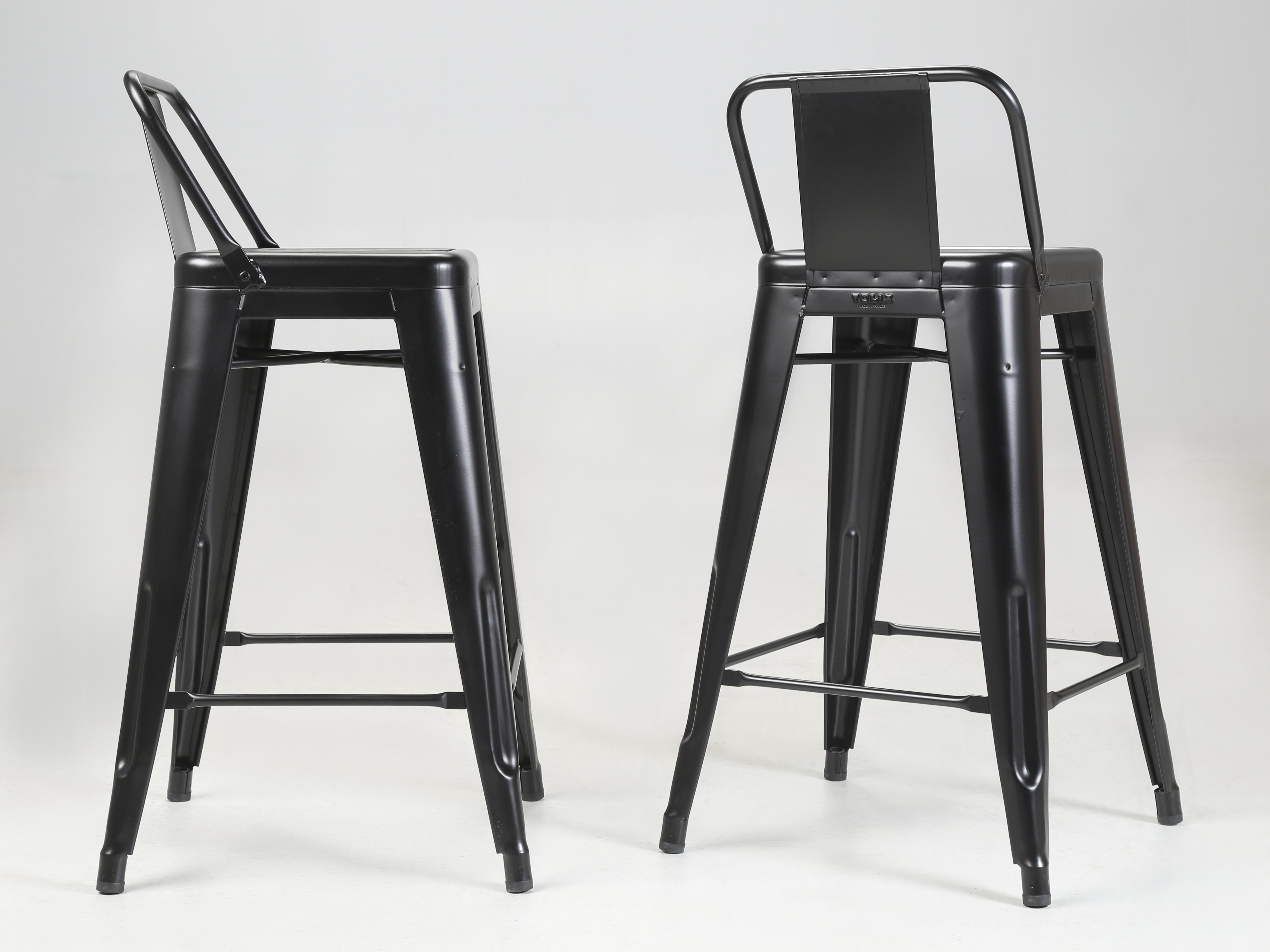 Mid-Century Modern Tolix Steel Counter Height Stools in a Powder-Coated Jet Matte Black Finish