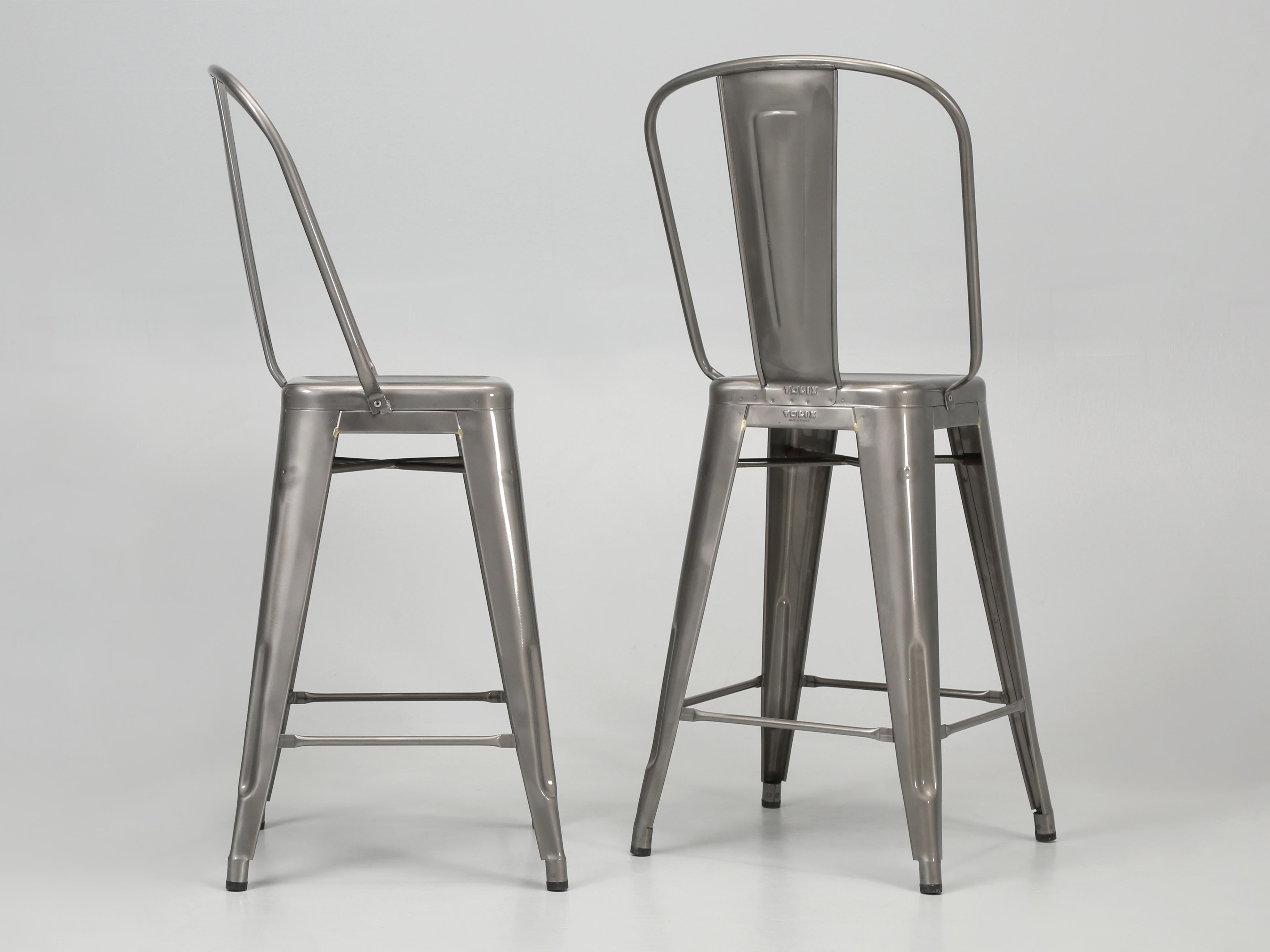 Industrial Tolix Glossy High-Back Counter Height Stools Made in France Showroom Samples For Sale