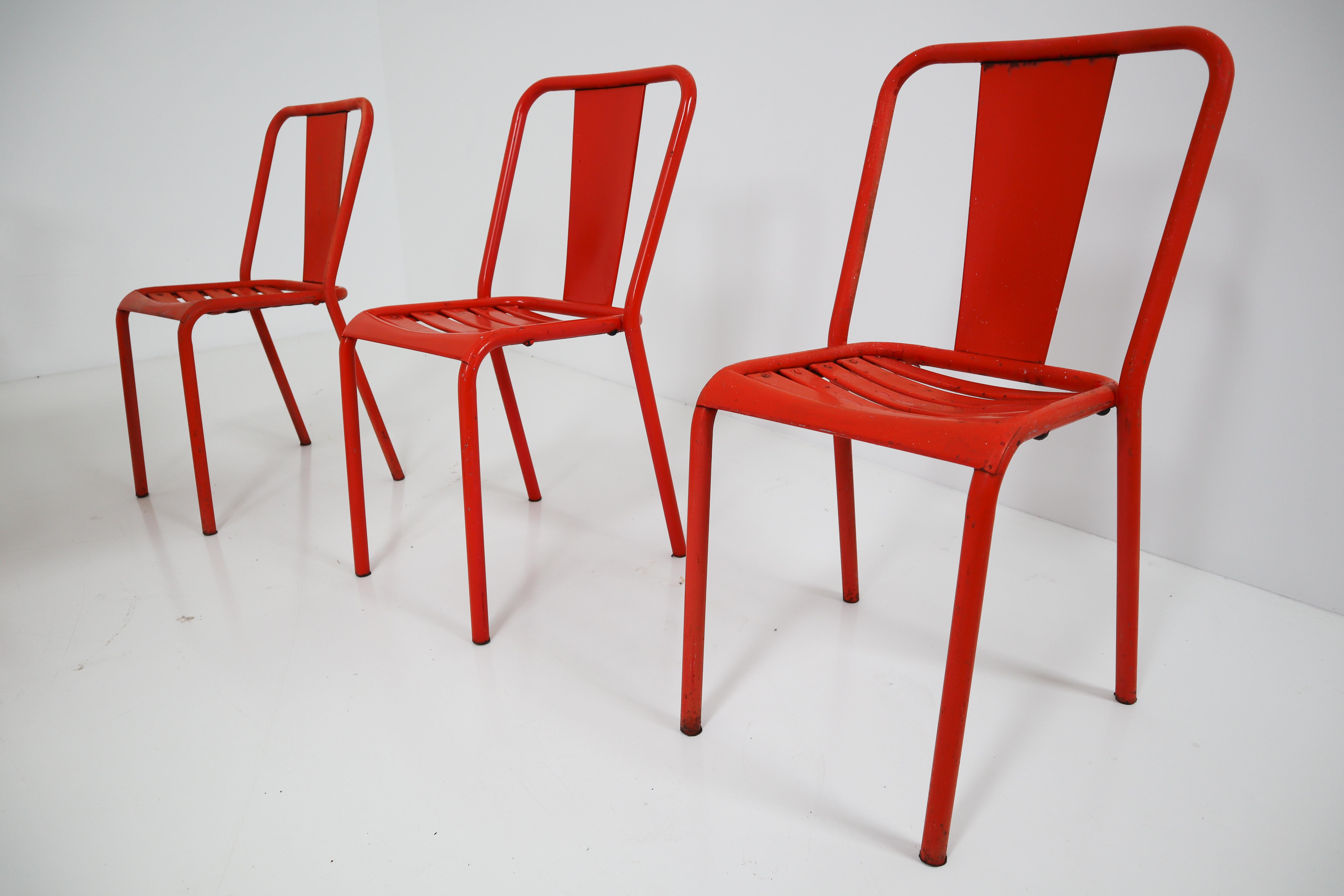 French Tolix T4 Metal Set of Six Red Chairs by Designer Xavier Pauchard 1950s