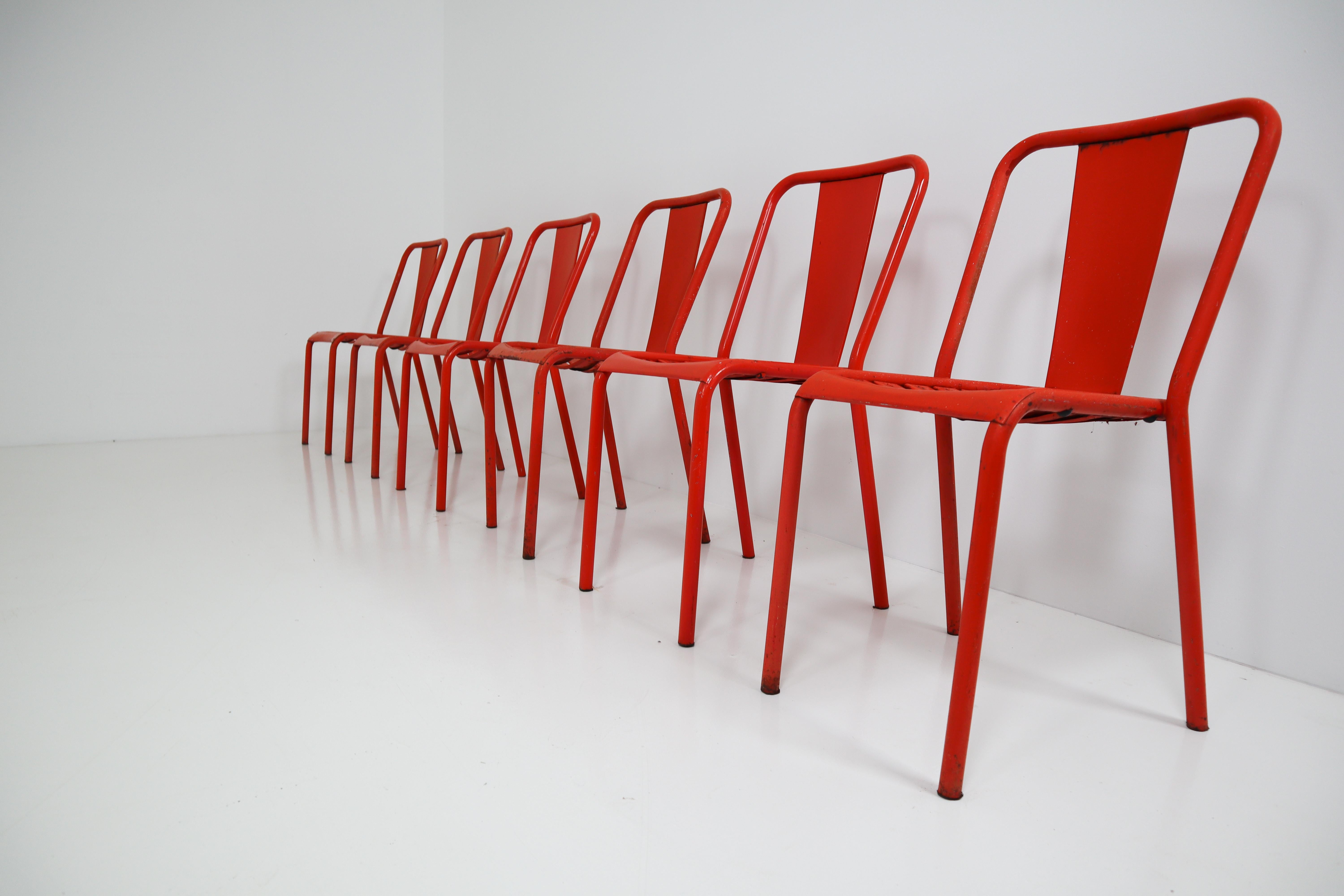 Mid-20th Century Tolix T4 Metal Set of Six Red Chairs by Designer Xavier Pauchard 1950s