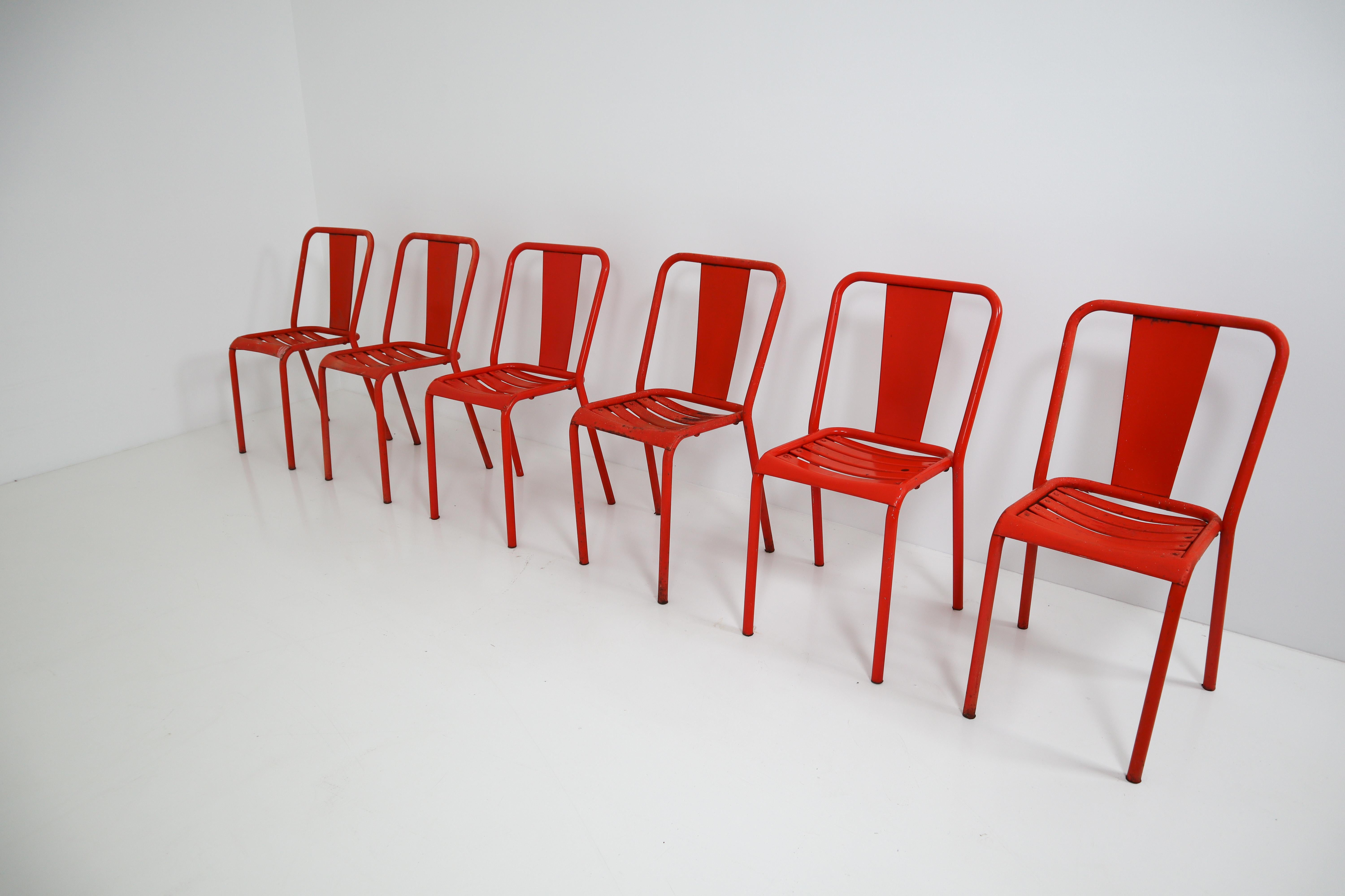 Tolix T4 Metal Set of Six Red Chairs by Designer Xavier Pauchard 1950s 1