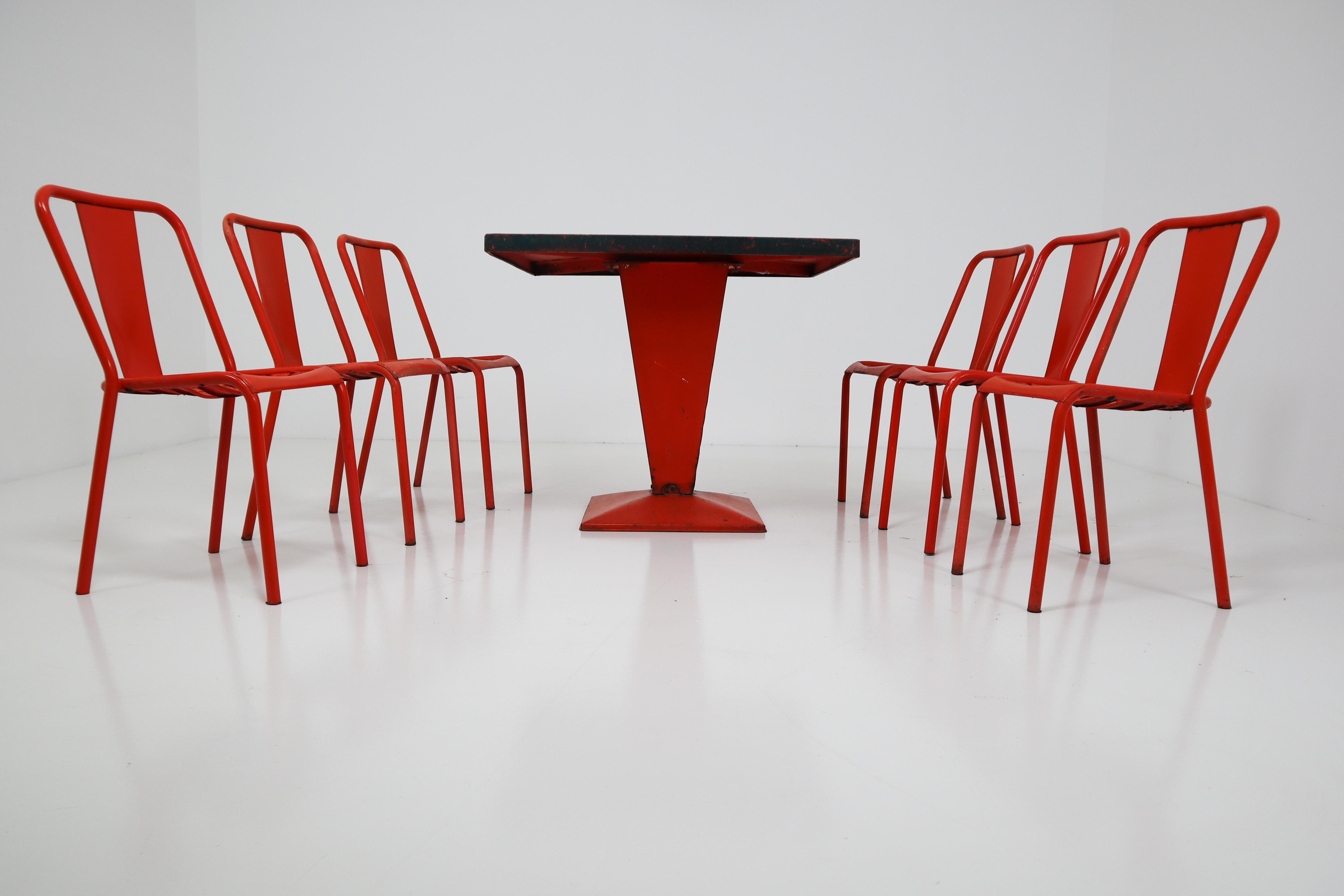 Tolix T4 Metal Set of Six Red Chairs by Designer Xavier Pauchard 1950s 2