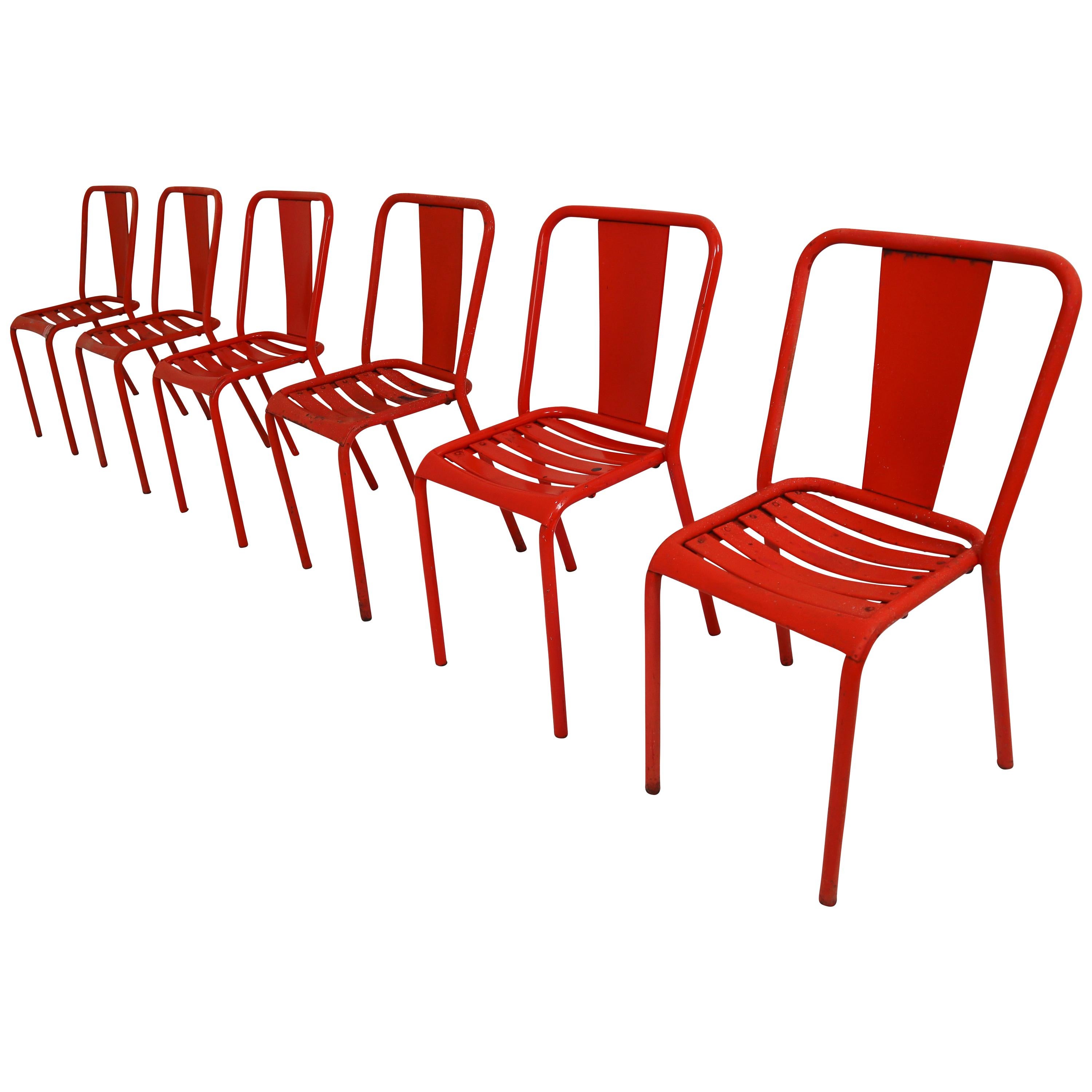 Tolix T4 Metal Set of Six Red Chairs by Designer Xavier Pauchard 1950s