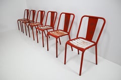 Tolix T4 Red, White Set of Six Chairs by Designer Xavier Pauchard, 1950
