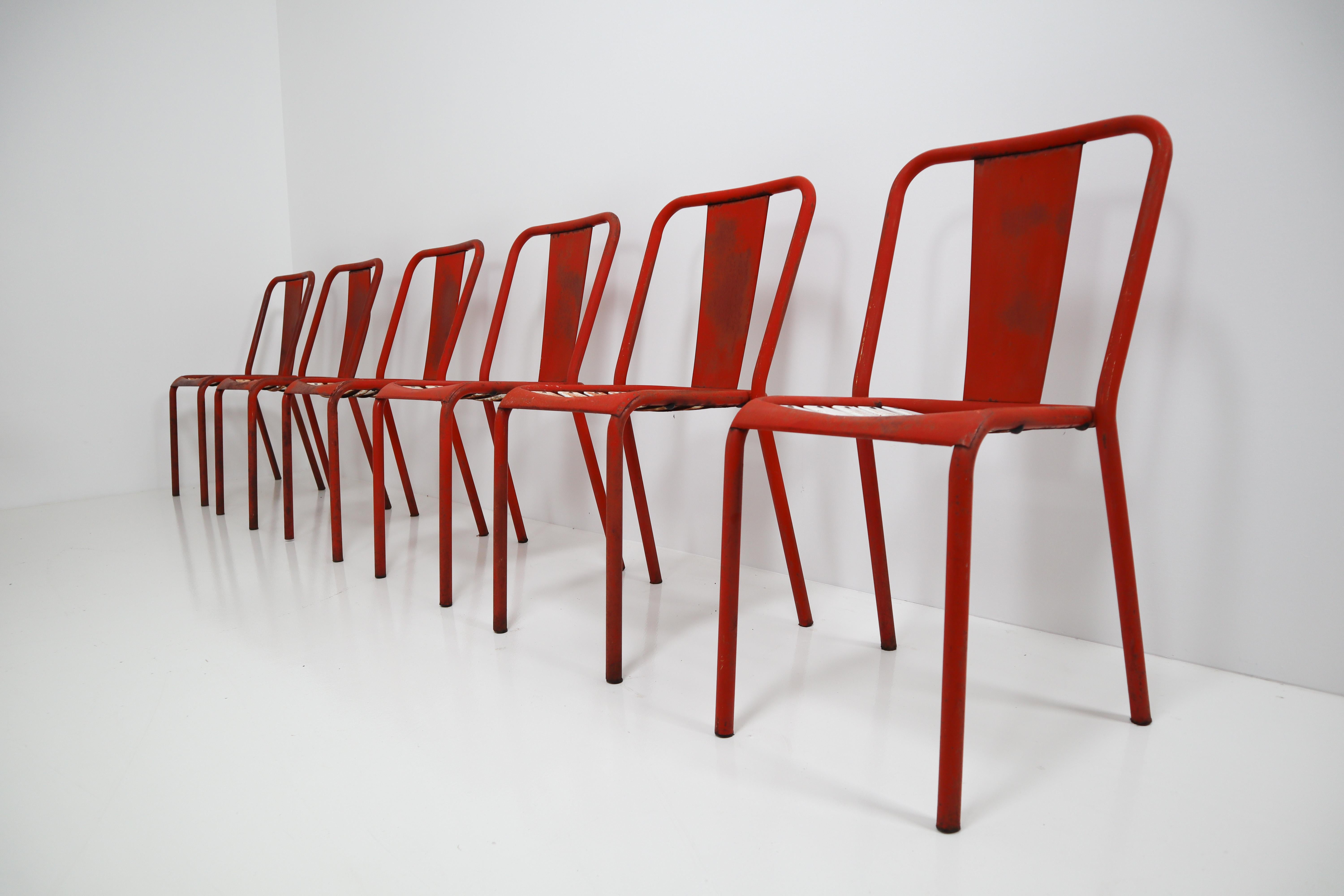 Mid-Century Modern Tolix T4 Red, White Set of Six Chairs by Designer Xavier Pauchard, 1950