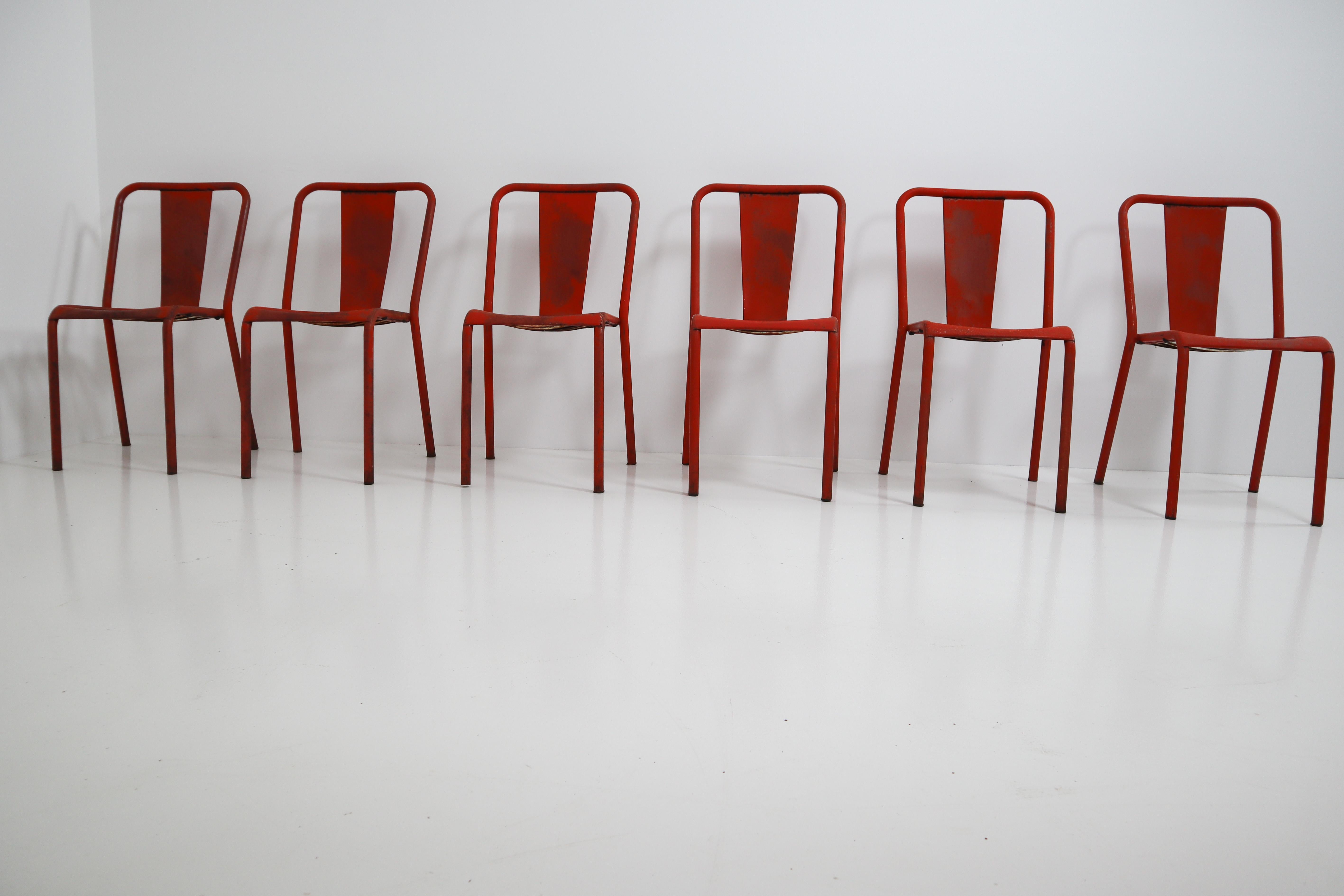 French Tolix T4 Red, White Set of Six Chairs by Designer Xavier Pauchard, 1950