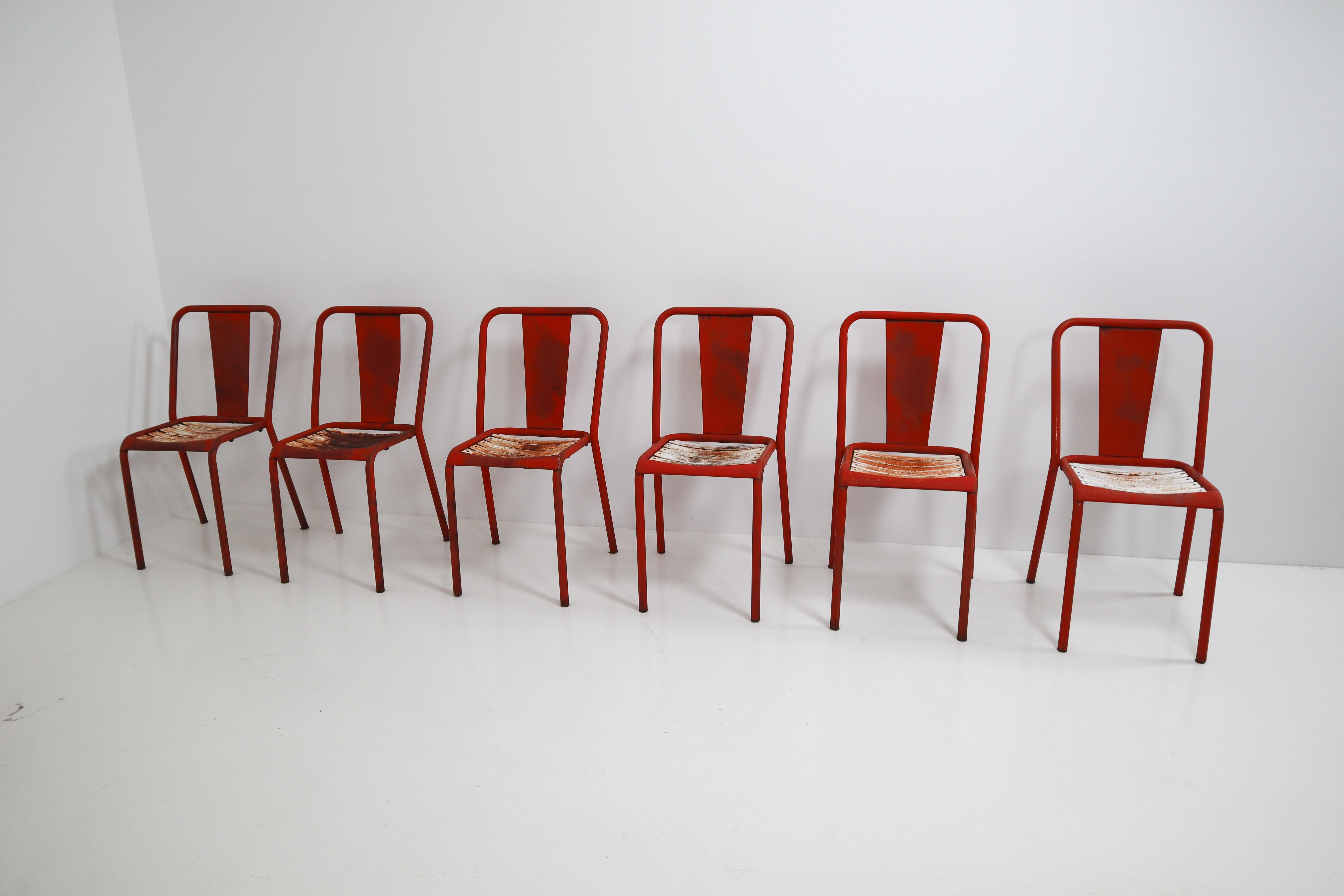 Mid-20th Century Tolix T4 Red, White Set of Six Chairs by Designer Xavier Pauchard, 1950