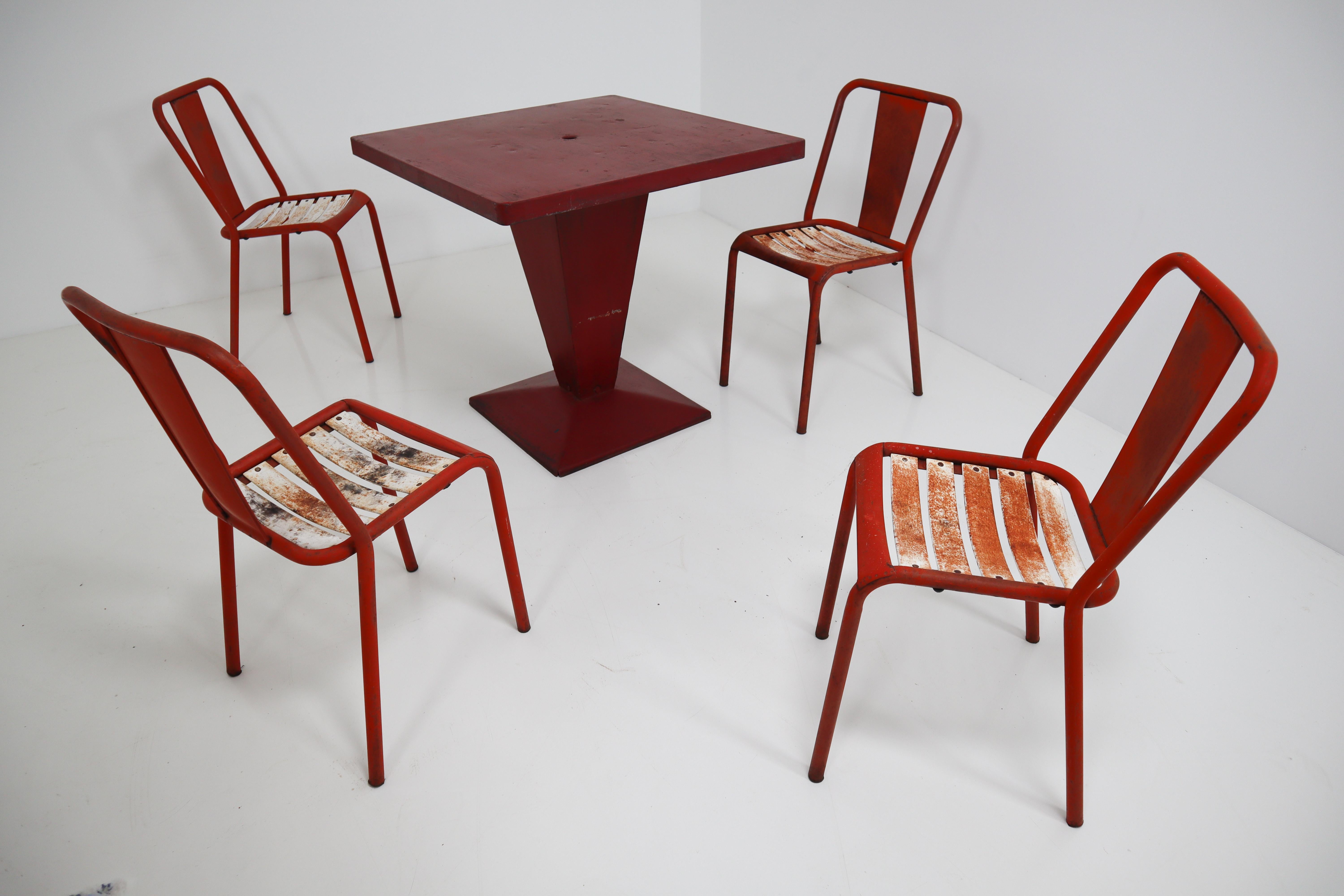 Metal Tolix T4 Red, White Set of Six Chairs by Designer Xavier Pauchard, 1950