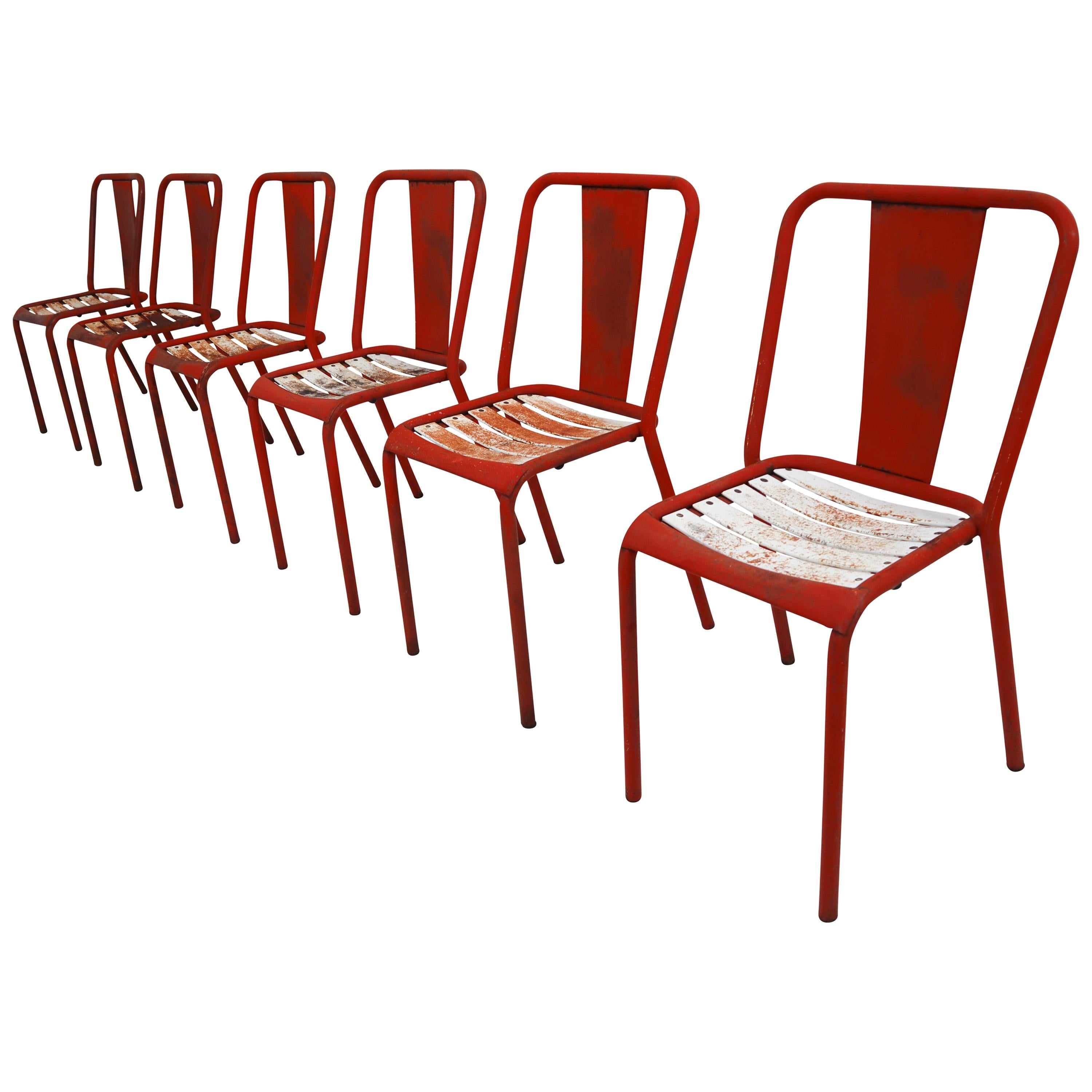Tolix T4 Red, White Set of Six Chairs by Designer Xavier Pauchard, 1950