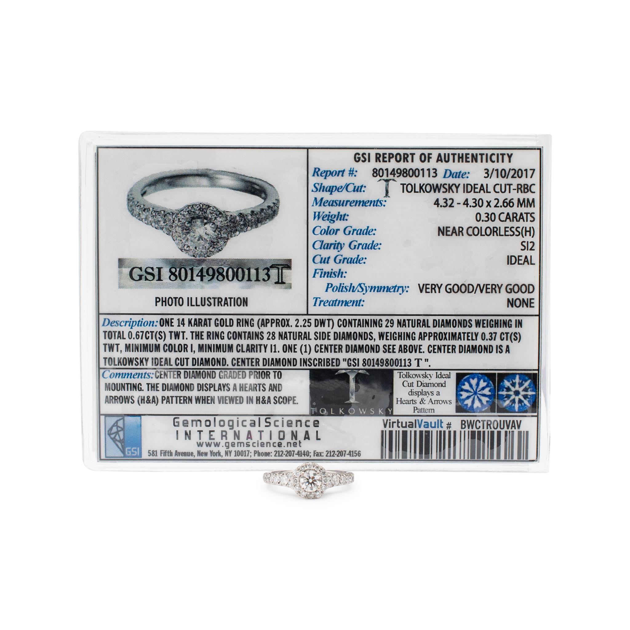 Tolkowsky 14K White Gold Halo Accented Diamond Engagement Ring For Sale 2