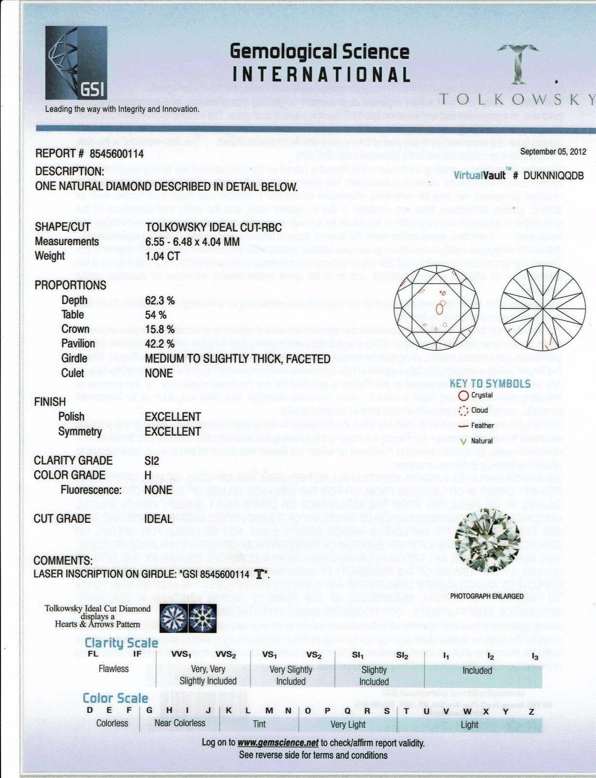 Tolkowsky Diamond
Style: Halo
Metal: White Gold 14KT
Total Carat Weight: 1.54 TCW
Center Diamond:  Round Brilliant Cut 1.04 CTS. Tolkowsky Ideal Cut
Diamond Color & Clarity: H / SI2
Accent Diamonds:  33 Round Brilliant Cut 0.50 TCW H-I /