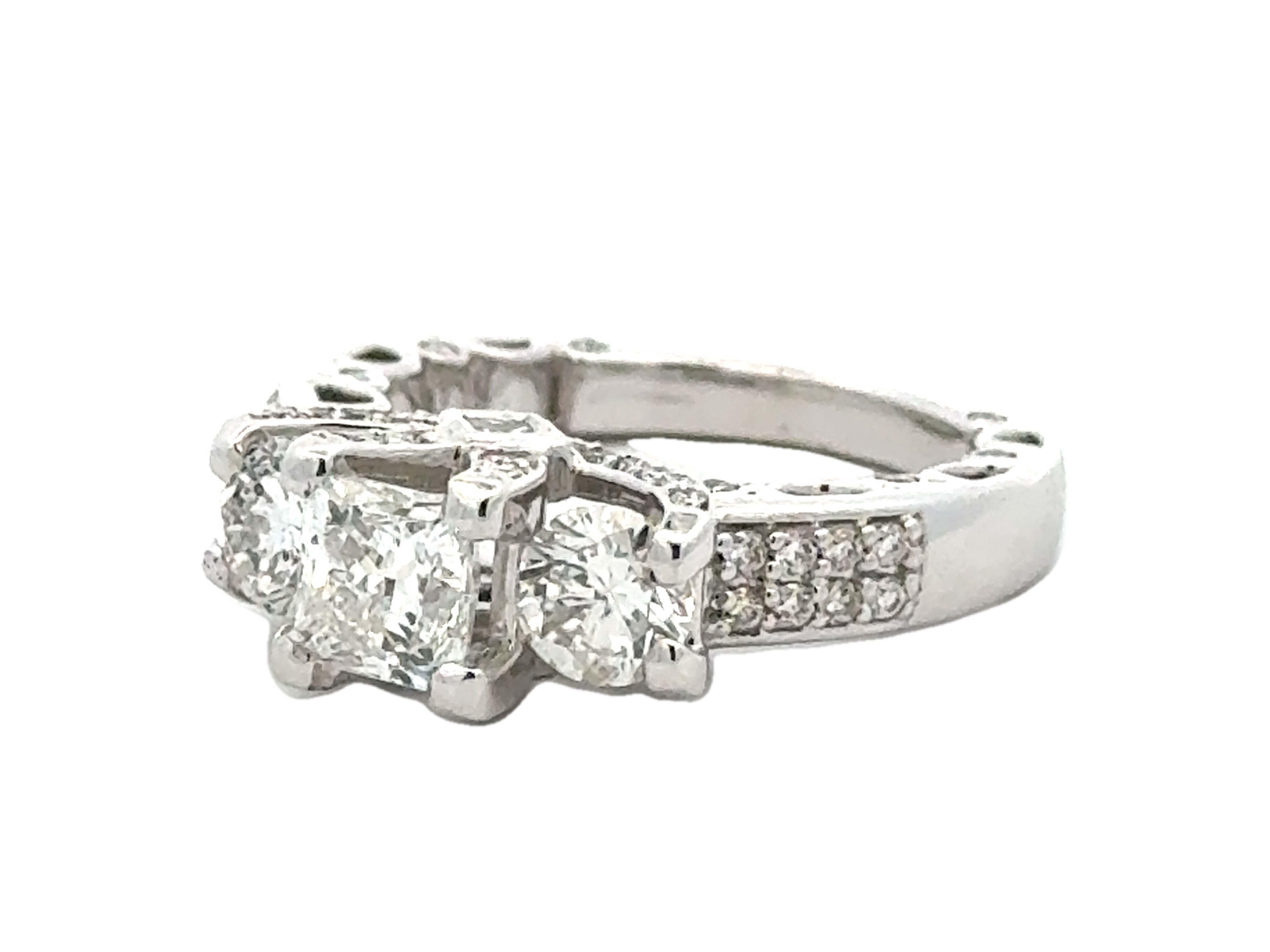 Tolkowsky Princess Cut Diamond 3 Stone Ring 14k White Gold In Excellent Condition For Sale In Honolulu, HI