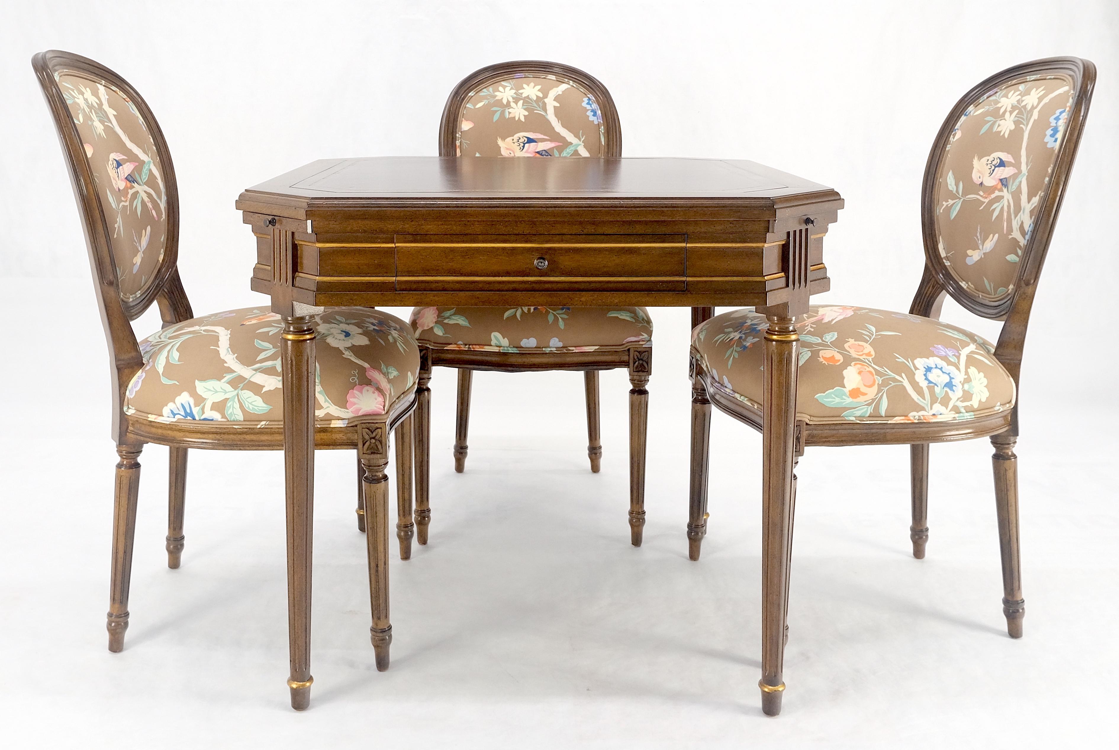 Tolled Leather Top Game Table 4 New Upholstery French Matching Dining Chair MINT For Sale 3