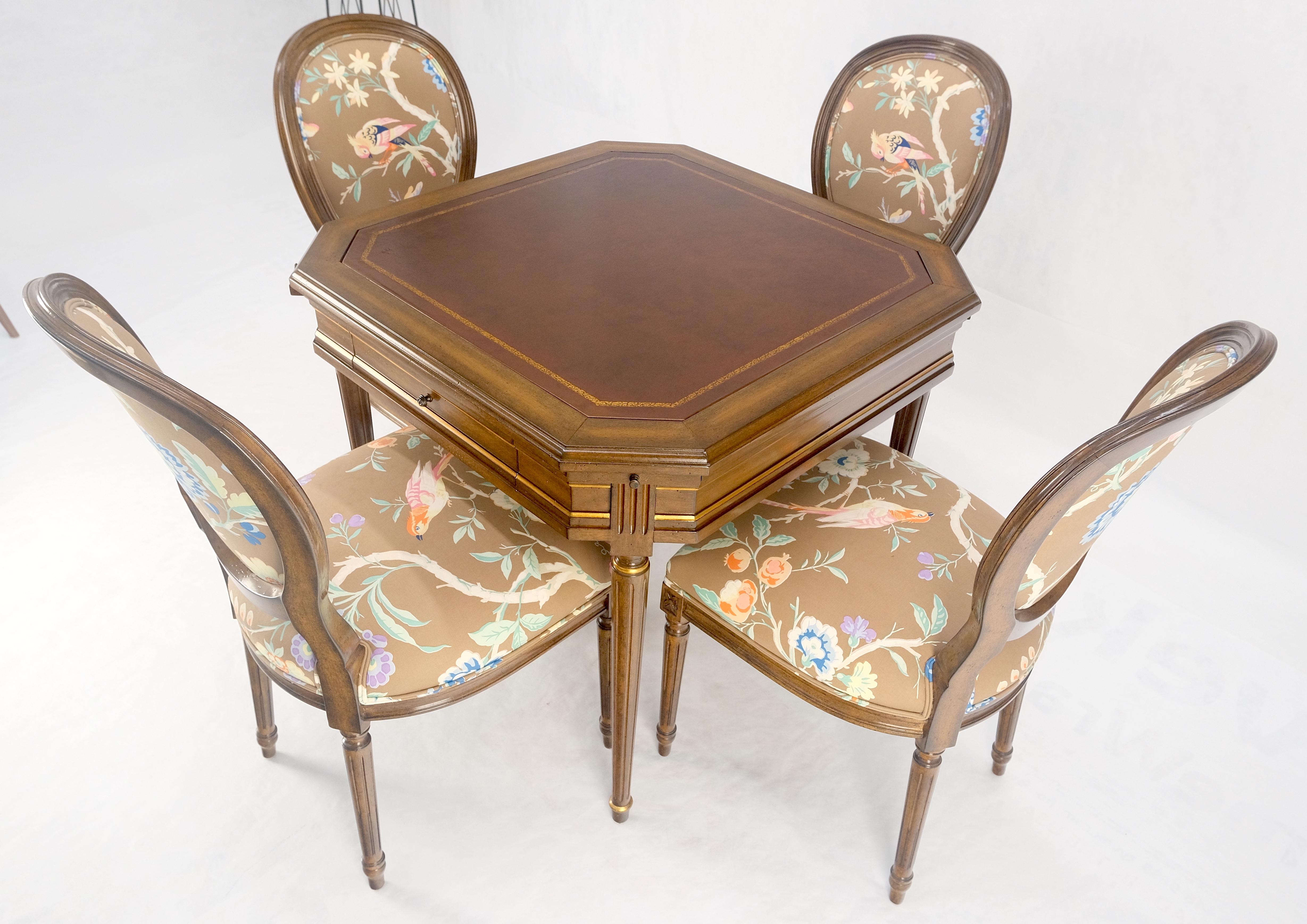 Tolled Leather Top Game Table 4 New Upholstery French Matching Dining Chair MINT For Sale 11