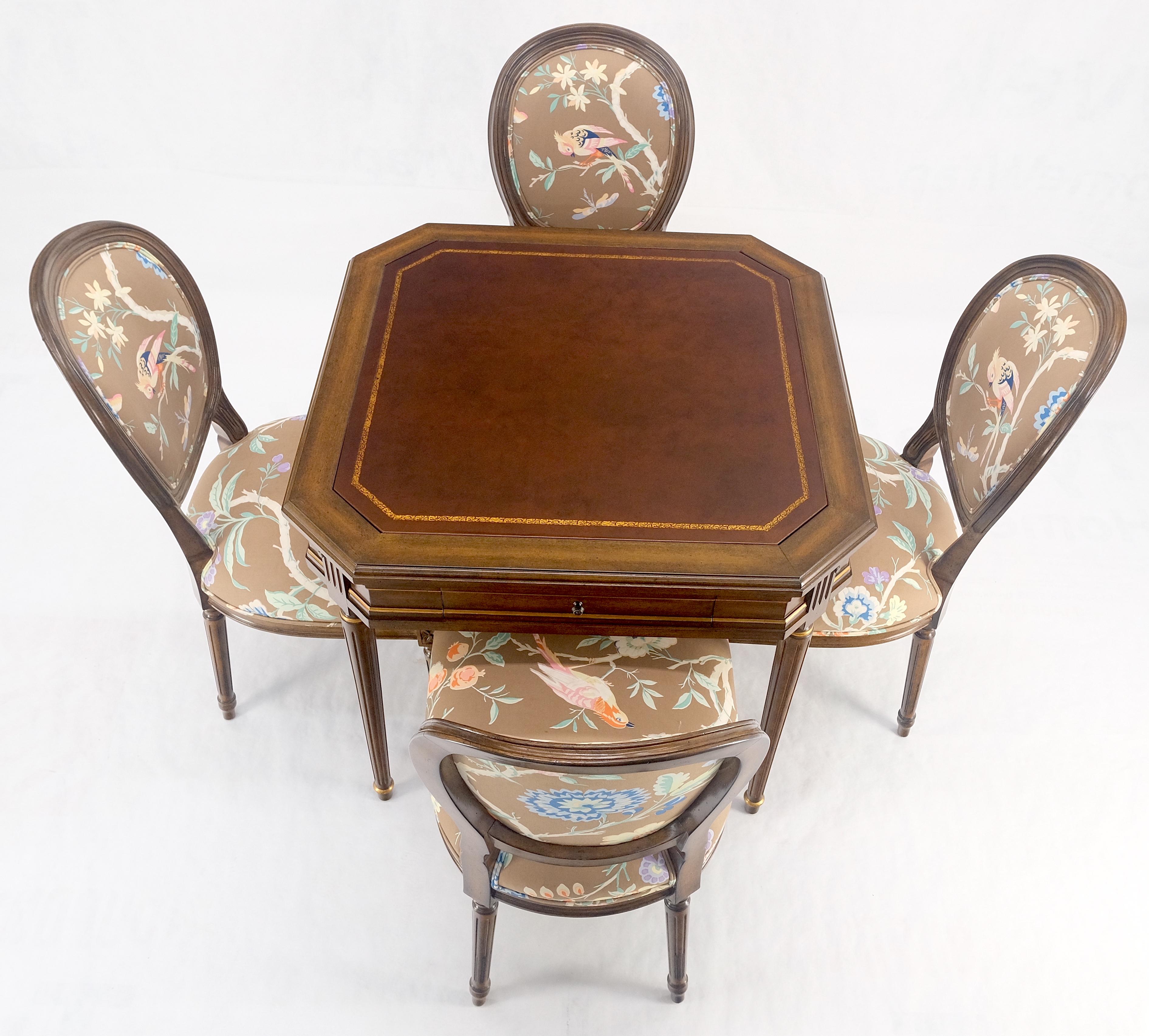 Mid-Century Modern Tolled Leather Top Game Table 4 New Upholstery French Matching Dining Chair MINT For Sale