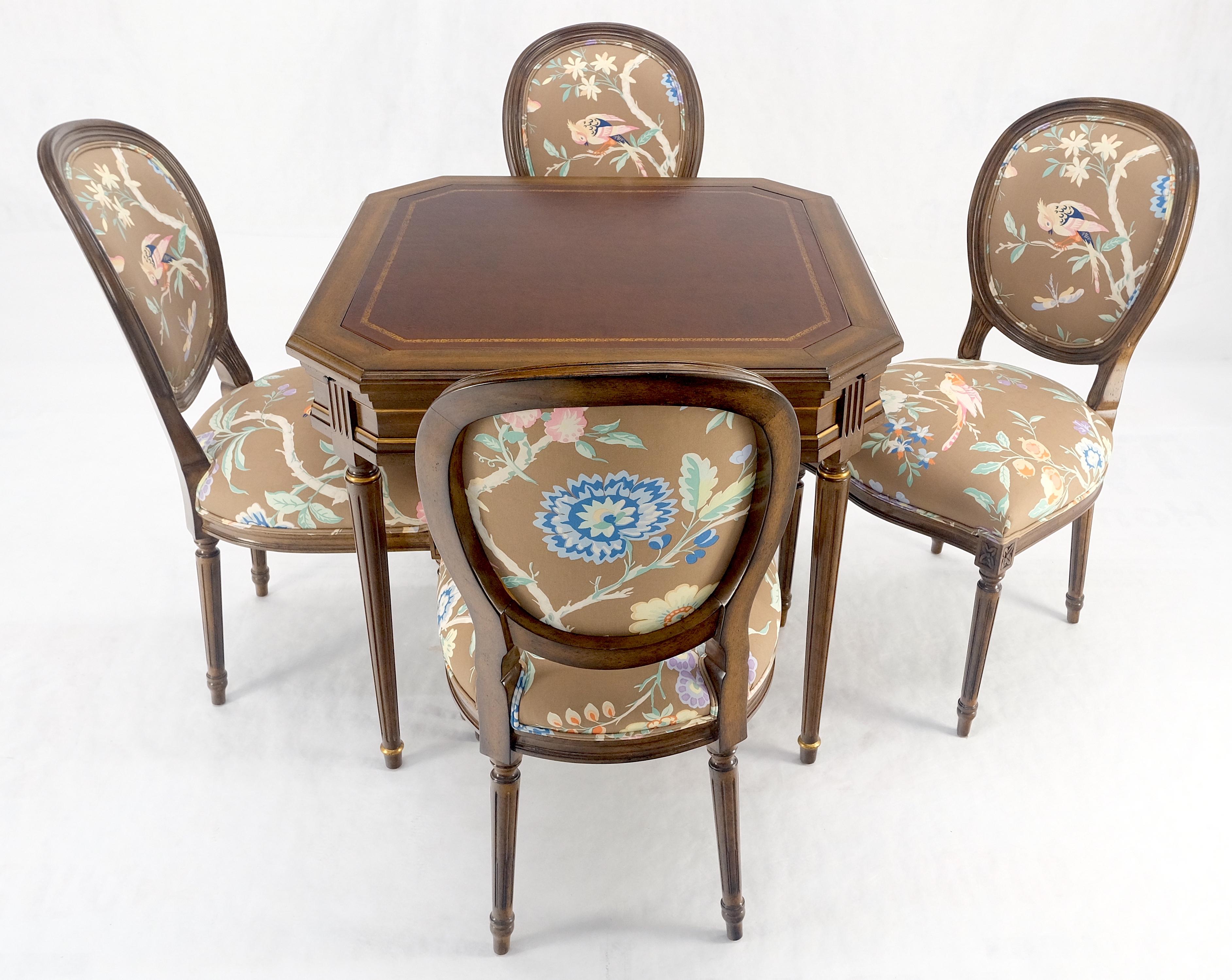 Lacquered Tolled Leather Top Game Table 4 New Upholstery French Matching Dining Chair MINT For Sale