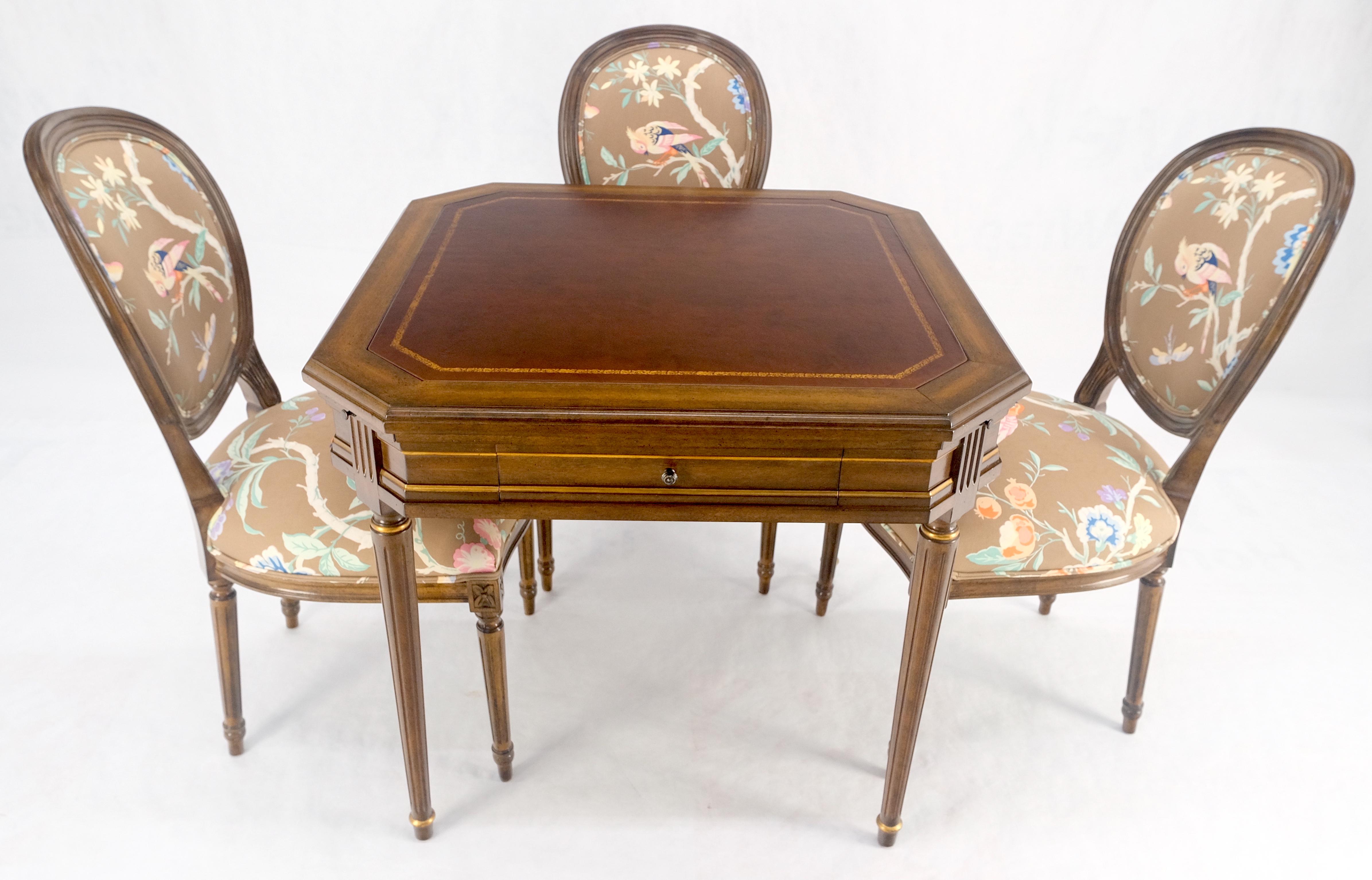 20th Century Tolled Leather Top Game Table 4 New Upholstery French Matching Dining Chair MINT For Sale