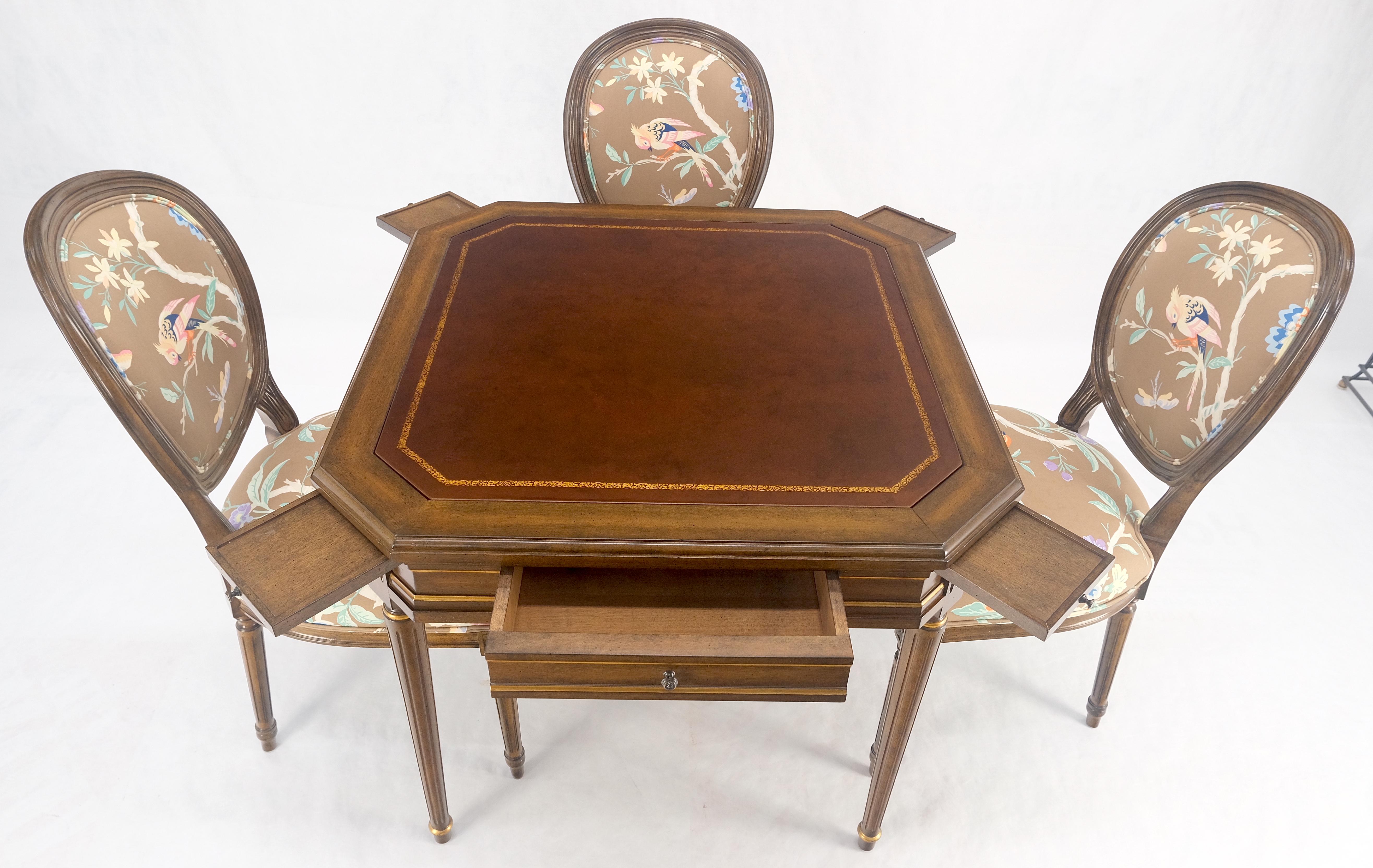 Tolled Leather Top Game Table 4 New Upholstery French Matching Dining Chair MINT For Sale 1