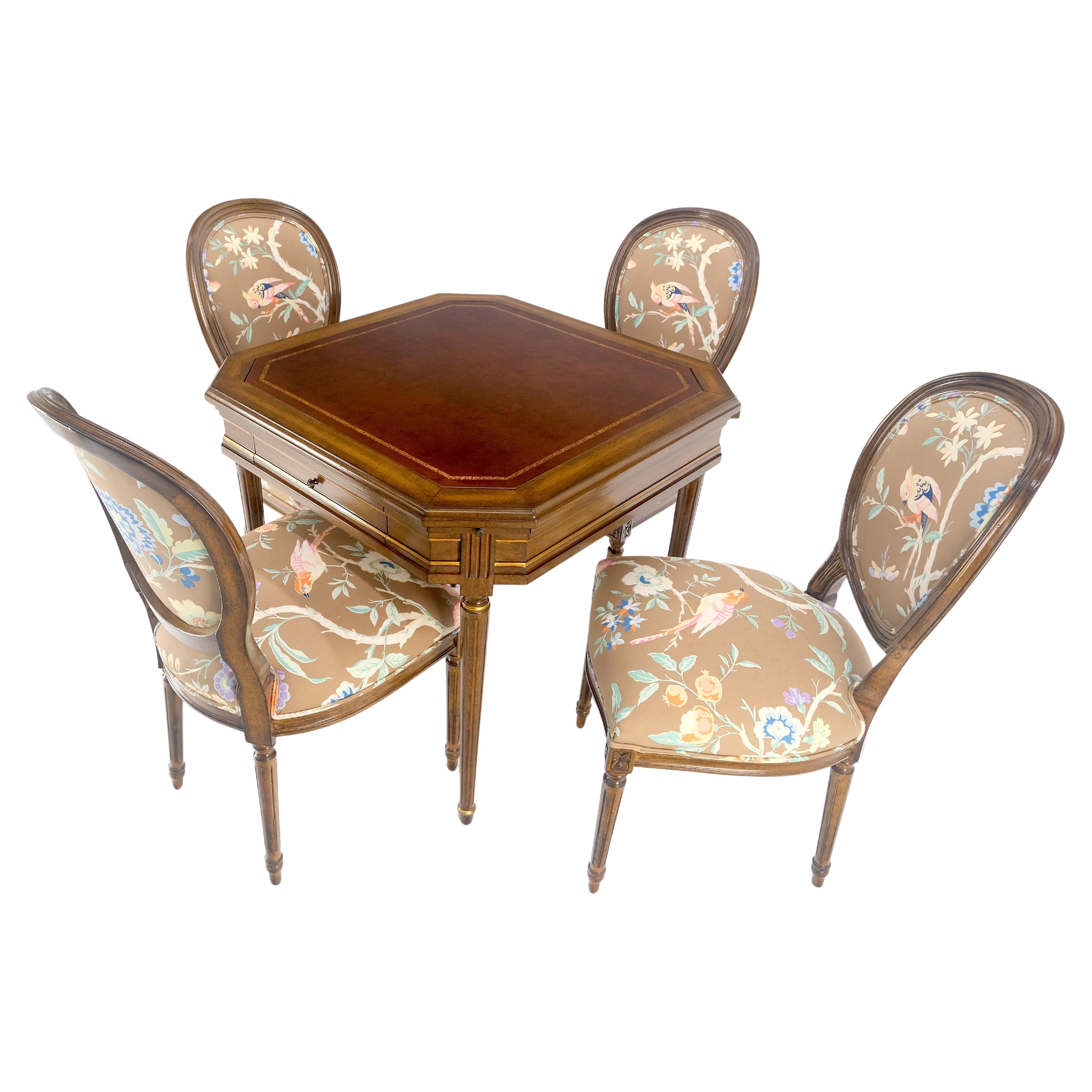 Tolled Leather Top Game Table 4 New Upholstery French Matching Dining Chair MINT