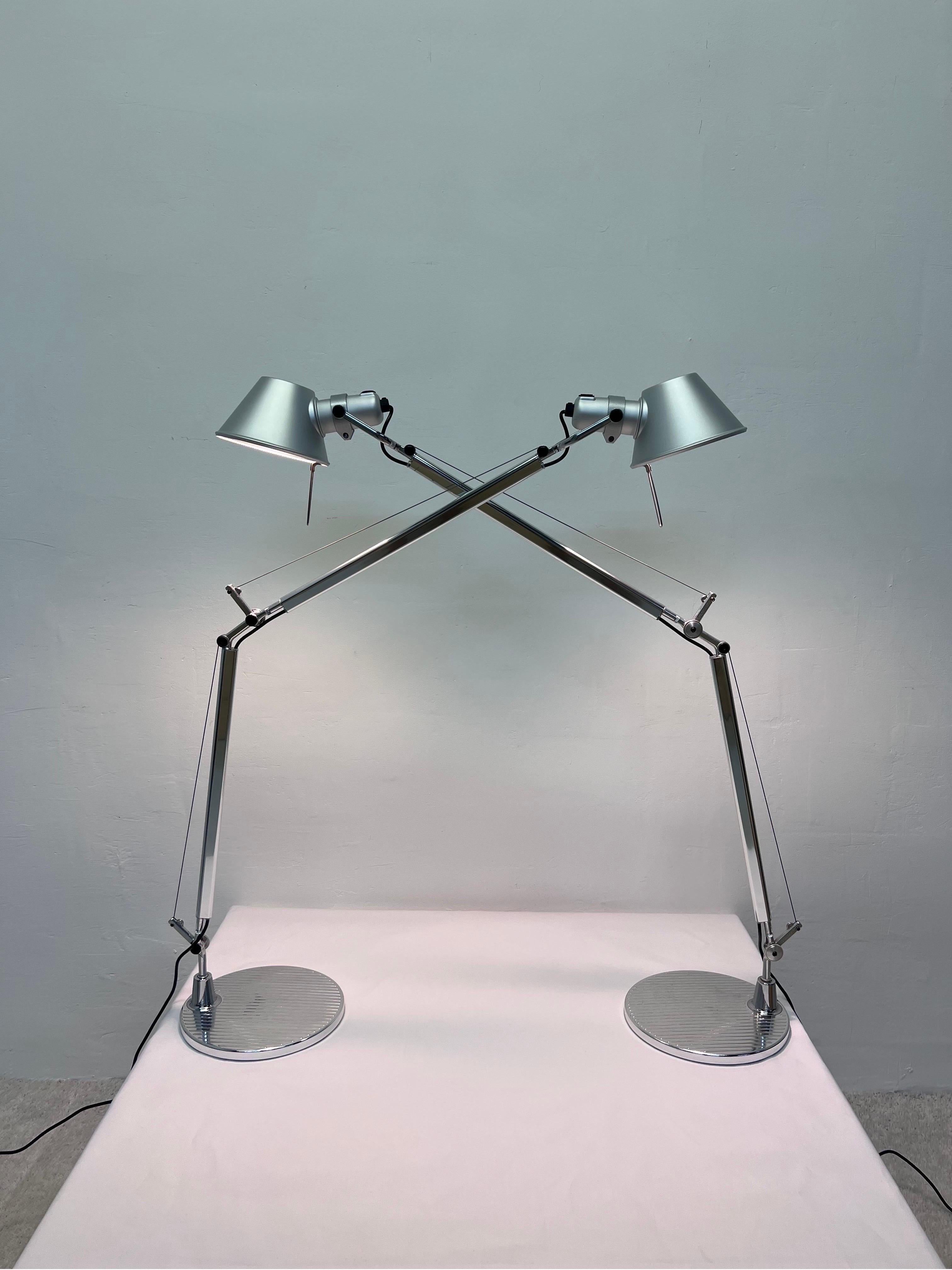Pair of aluminum Tolomeo LED desk lamps in standard size designed by Michele De Lucchi and Giancarlo Fassina for Artemide.

Rather than develop his career within a single design discipline – be it industrial, furniture, interior, lighting or