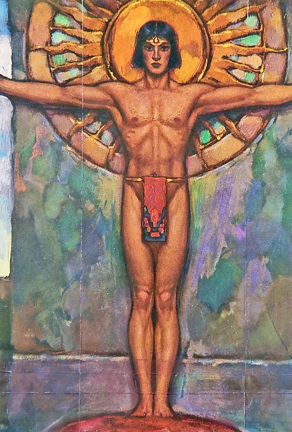 Cette représentation stylisée et richement colorée, presque cinématographique, d'un jeune homme nu toltèque par John Garth montre le personnage tenant un couteau et un calice, faisant allusion à un sacrifice humain, debout au-dessus de deux figures