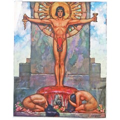"Toltec", importante esquisse pour une peinture Art Déco avec des nus masculins et féminins