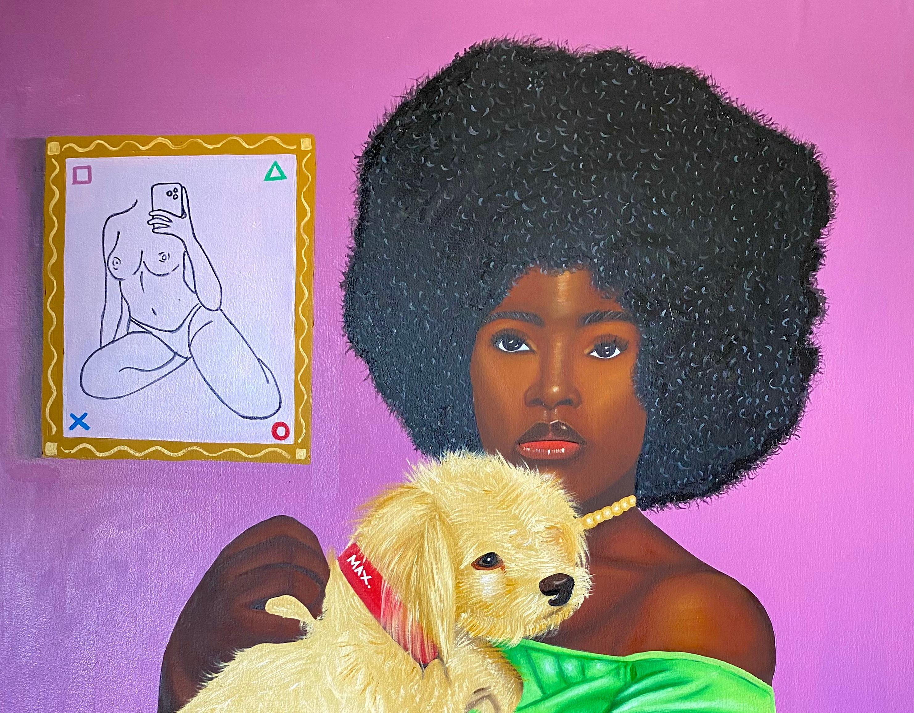 Max in Loving Arms -21st Century Contemporary, Portrait, Fashion, Woman with Dog - Painting by Tolulope Adigbo
