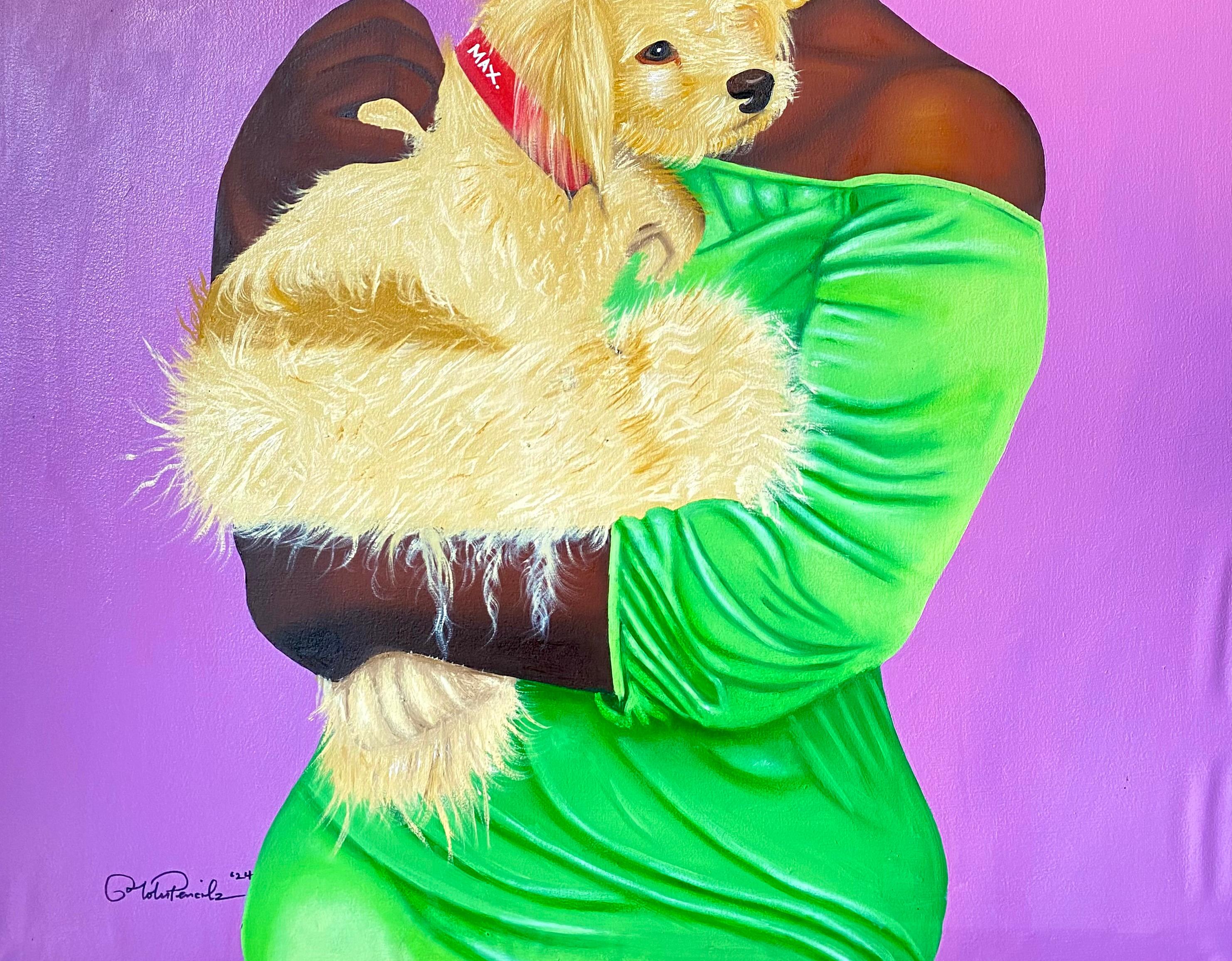 Max in Loving Arms -21st Century Contemporary, Portrait, Fashion, Woman with Dog - Expressionist Painting by Tolulope Adigbo