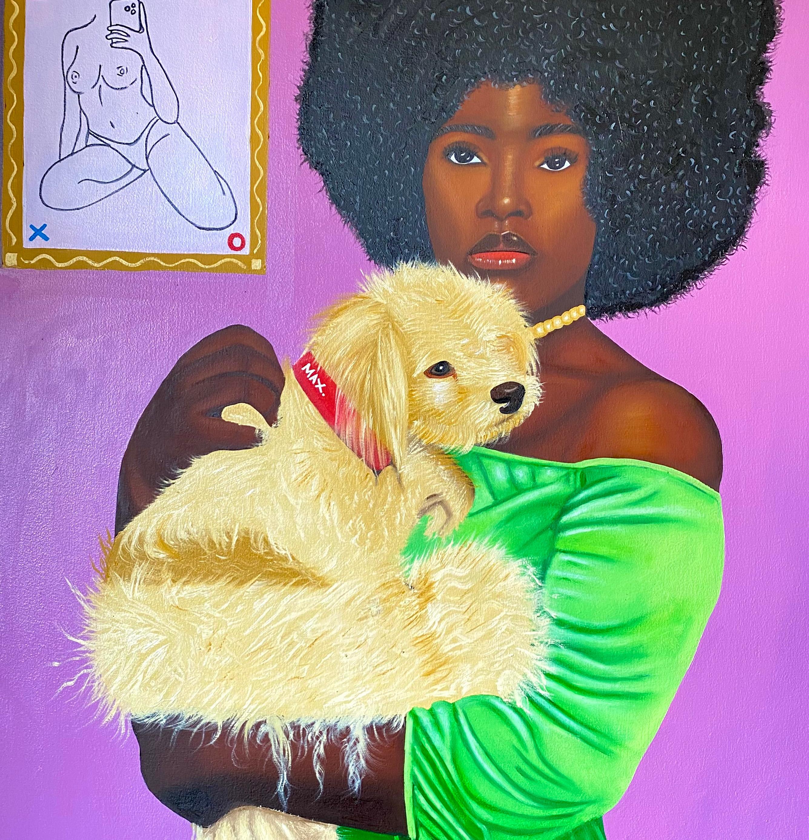 Max in Loving Arms -21st Century Contemporary, Portrait, Fashion, Woman with Dog - Purple Portrait Painting by Tolulope Adigbo