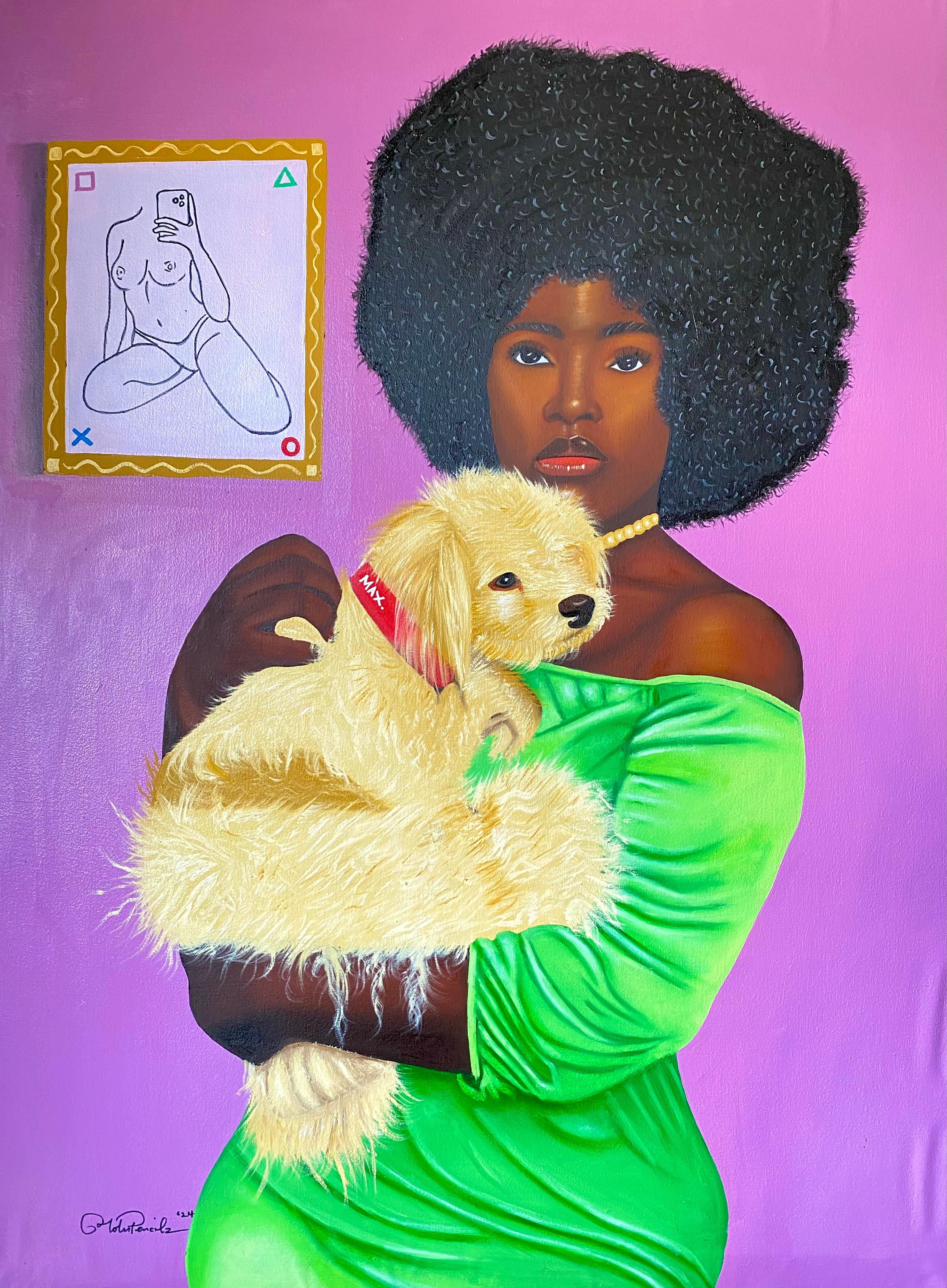 Tolulope Adigbo Portrait Painting - Max in Loving Arms -21st Century Contemporary, Portrait, Fashion, Woman with Dog