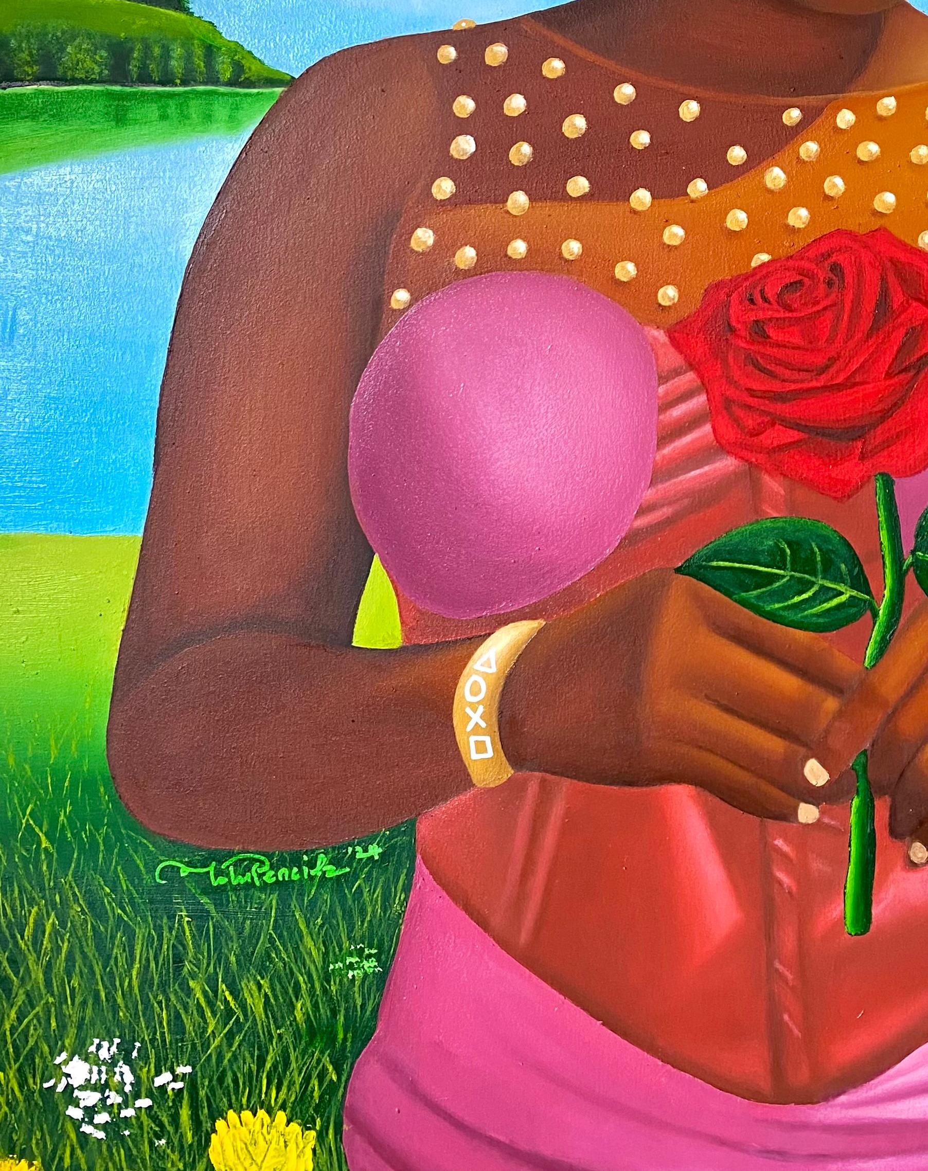 My Rose Is Yours Alone - 21. Jahrhundert Zeitgenössisch, Figuratives Porträt, Mode (Grau), Portrait Painting, von Tolulope Adigbo