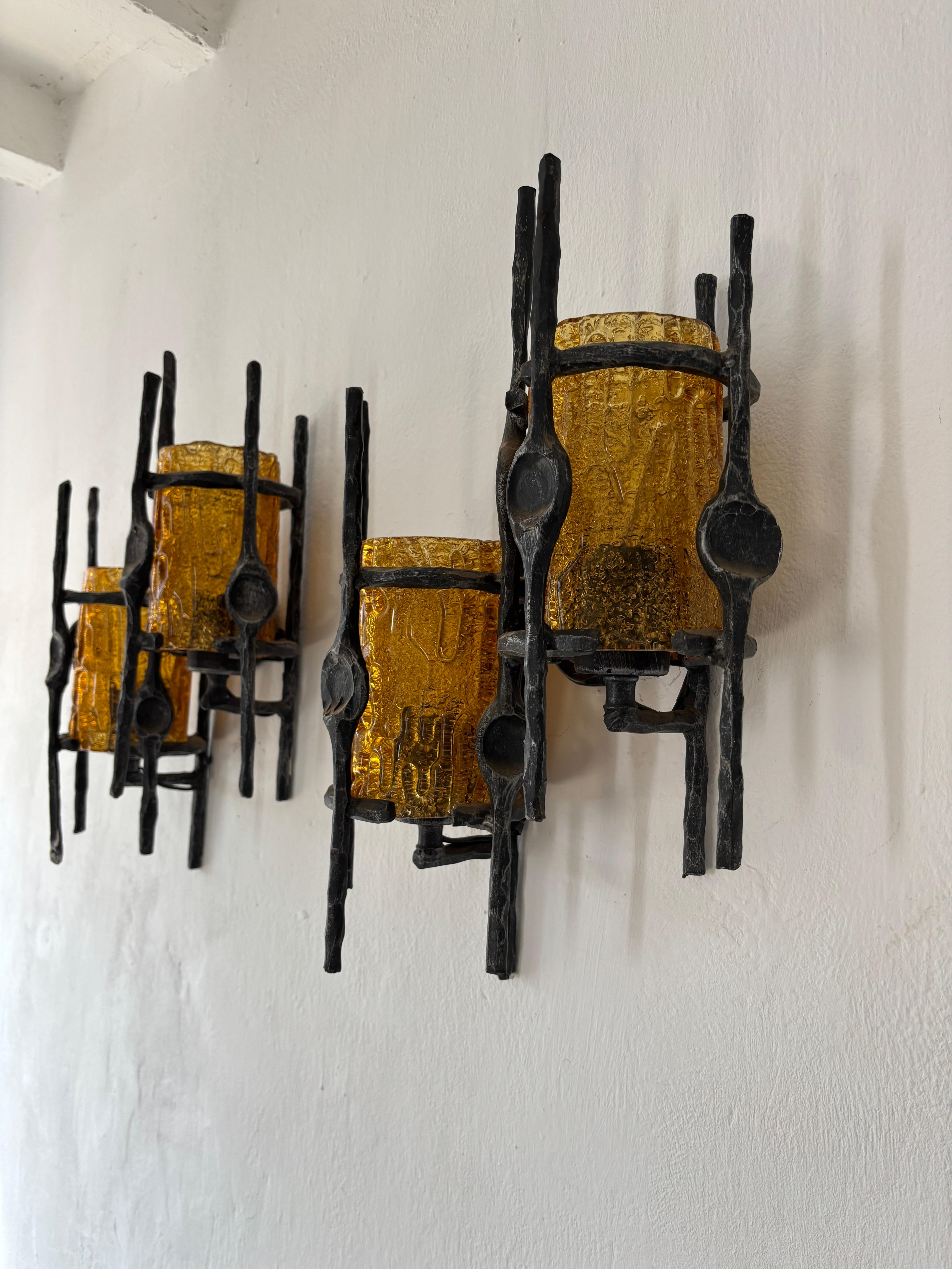Swedish Tom Ahlström & Hans Ehrlich Brutalist Torch Amber Murano Glass Sconces 1950 For Sale