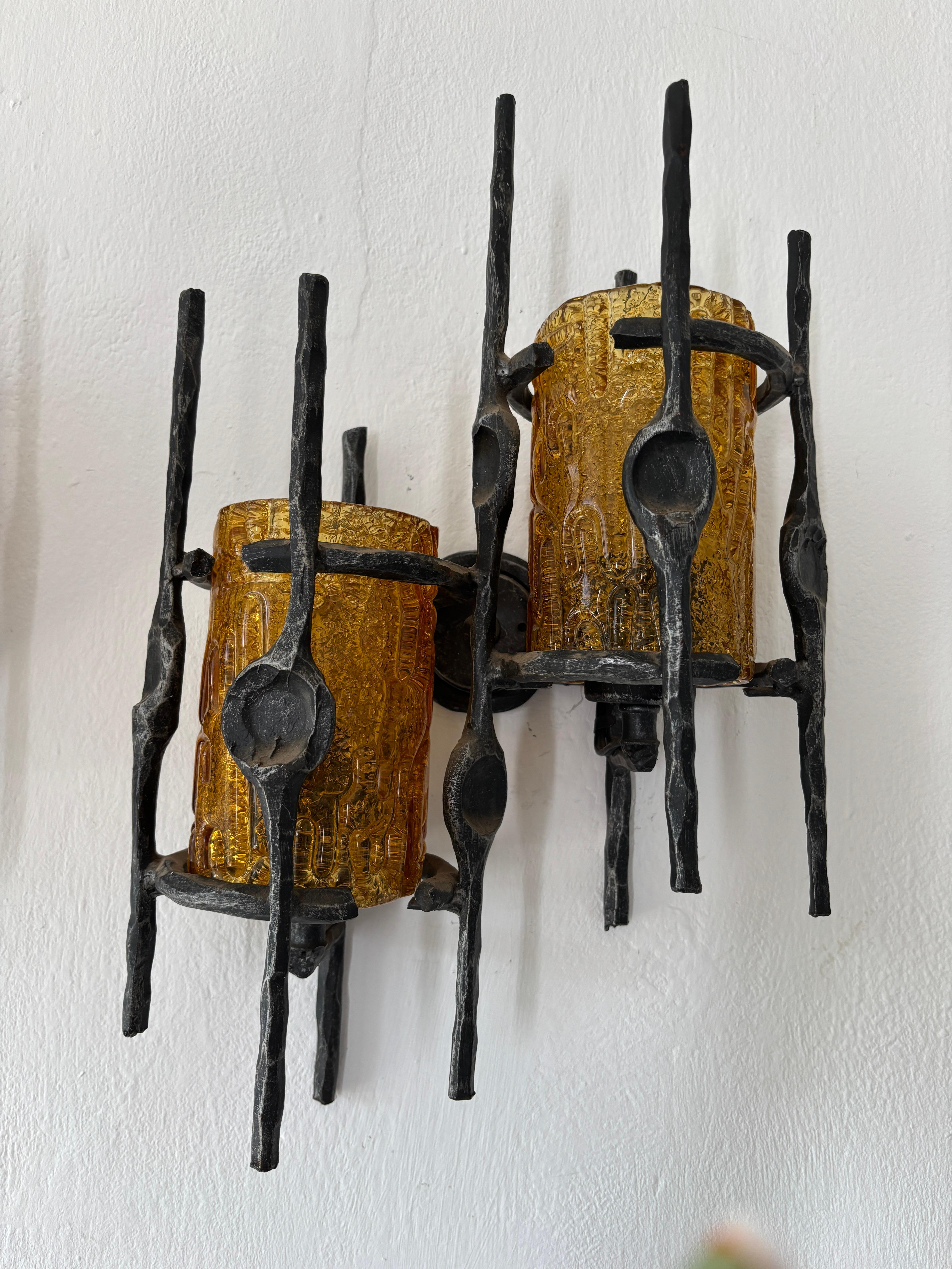 Tom Ahlström & Hans Ehrlich Brutalist Torch Amber Murano Glass Sconces 1950 For Sale 1
