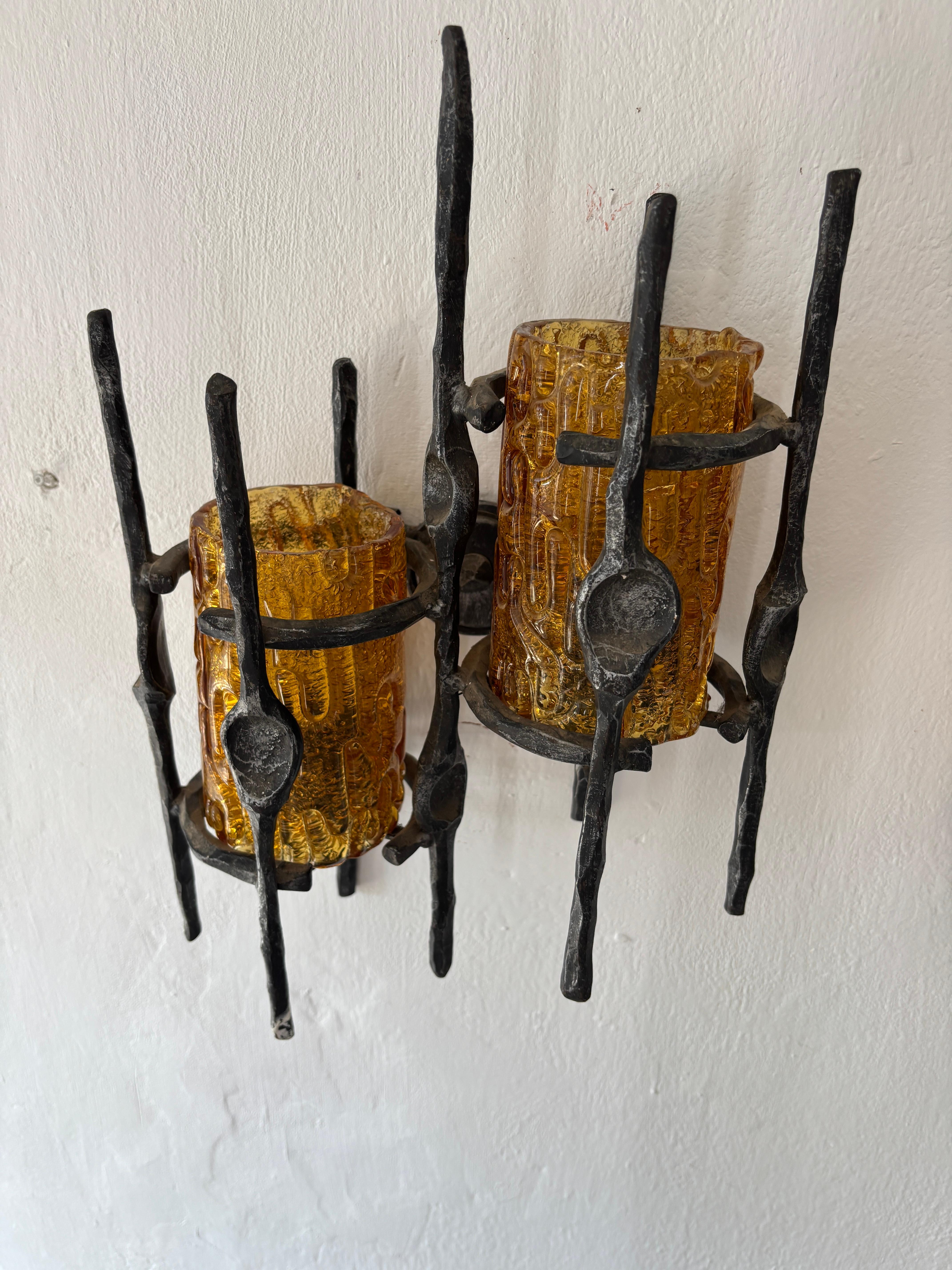 Tom Ahlström & Hans Ehrlich Brutalist Torch Amber Murano Glass Sconces 1950 For Sale 2