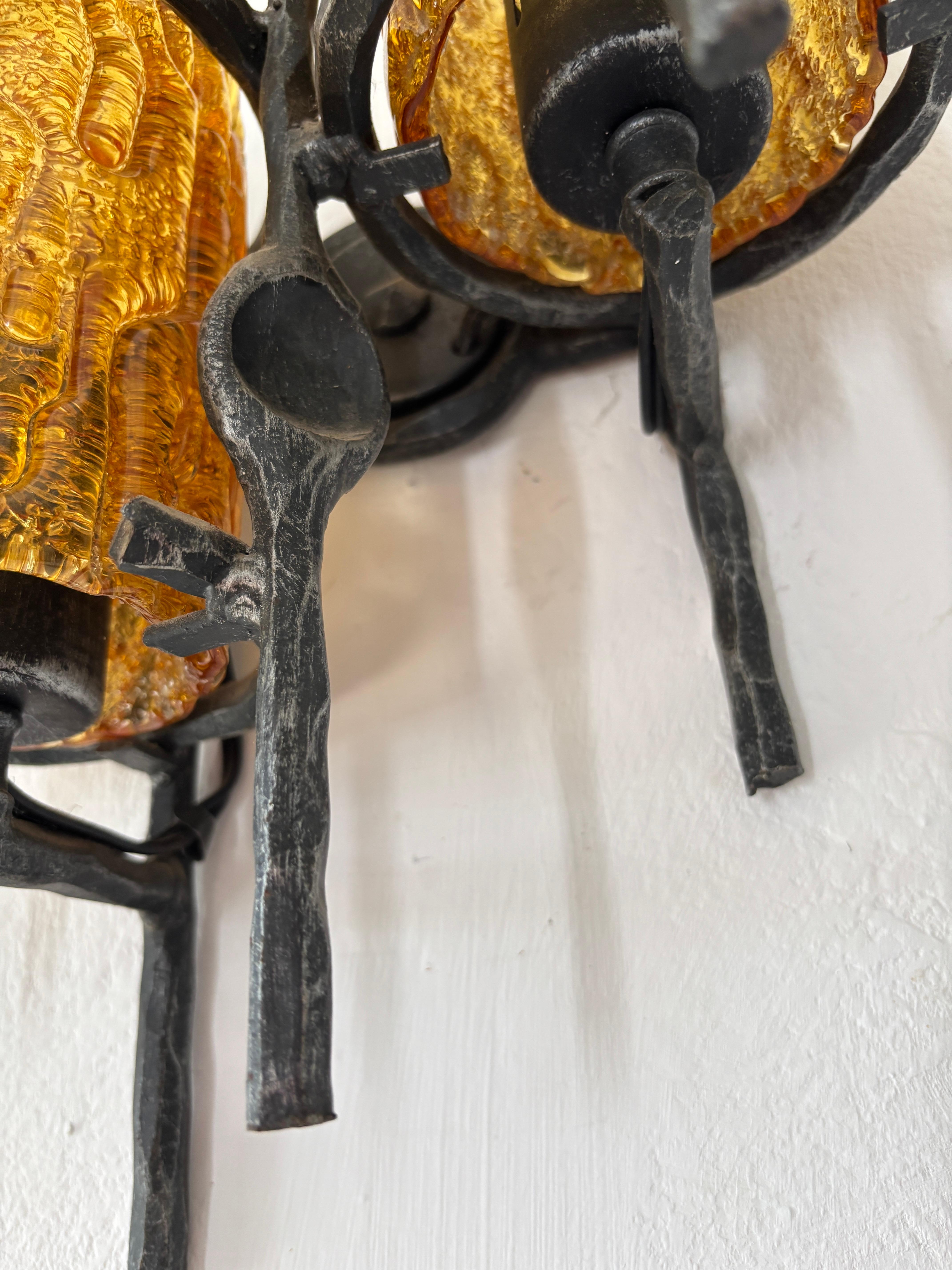 Tom Ahlström & Hans Ehrlich Brutalist Torch Amber Murano Glass Sconces 1950 For Sale 3