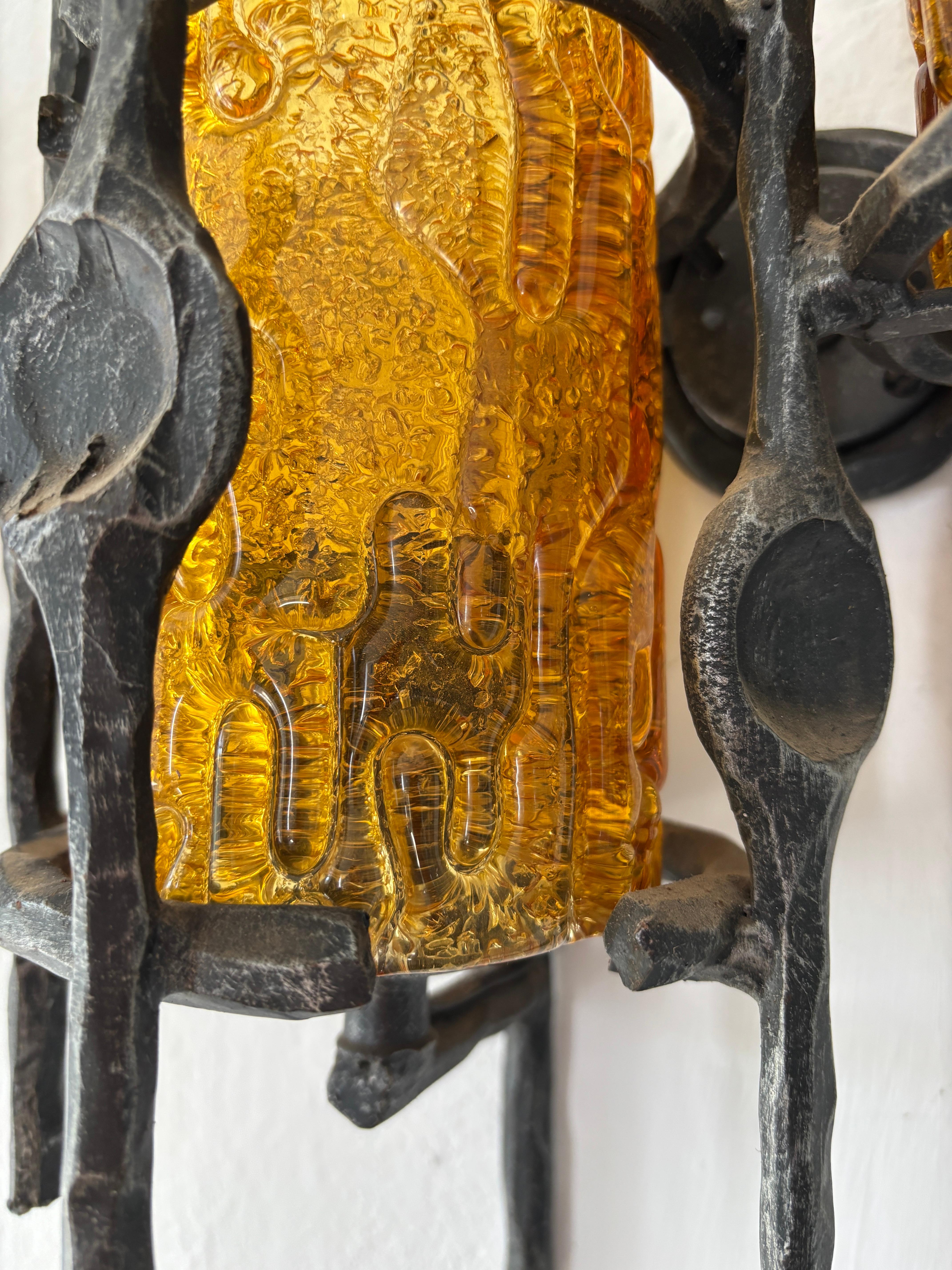 Tom Ahlström & Hans Ehrlich Brutalist Torch Amber Murano Glass Sconces 1950 For Sale 4
