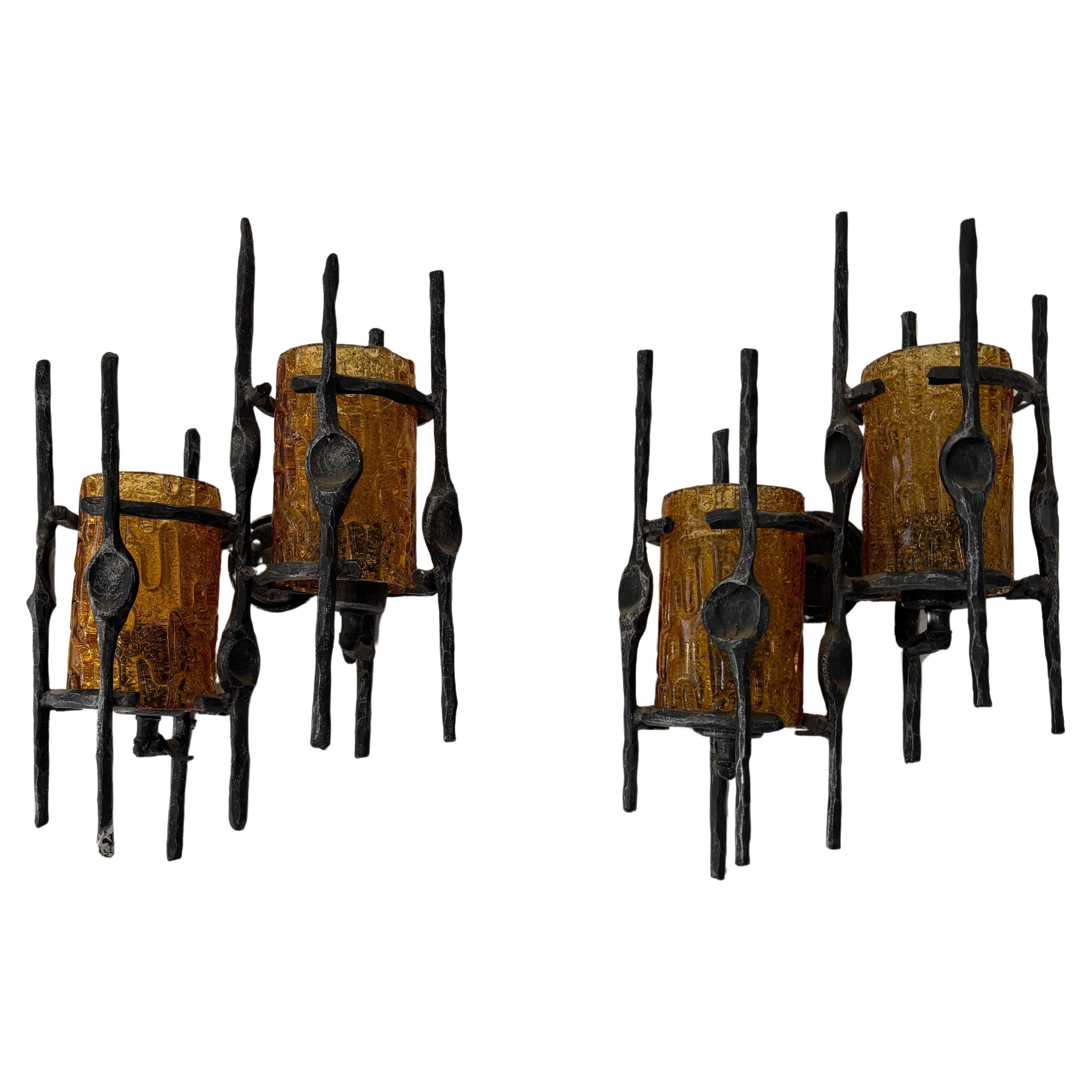 Tom Ahlström & Hans Ehrlich Brutalist Torch Amber Murano Glass Sconces 1950 For Sale