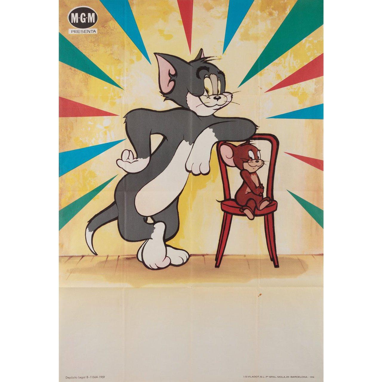 Cartel original español B1 de 1959 para la película de los años 40 Tom y Jerry. Muy buen estado, doblado con una ligera mancha en el reverso que se transparenta. Muchos carteles originales se emitieron doblados o se doblaron posteriormente.