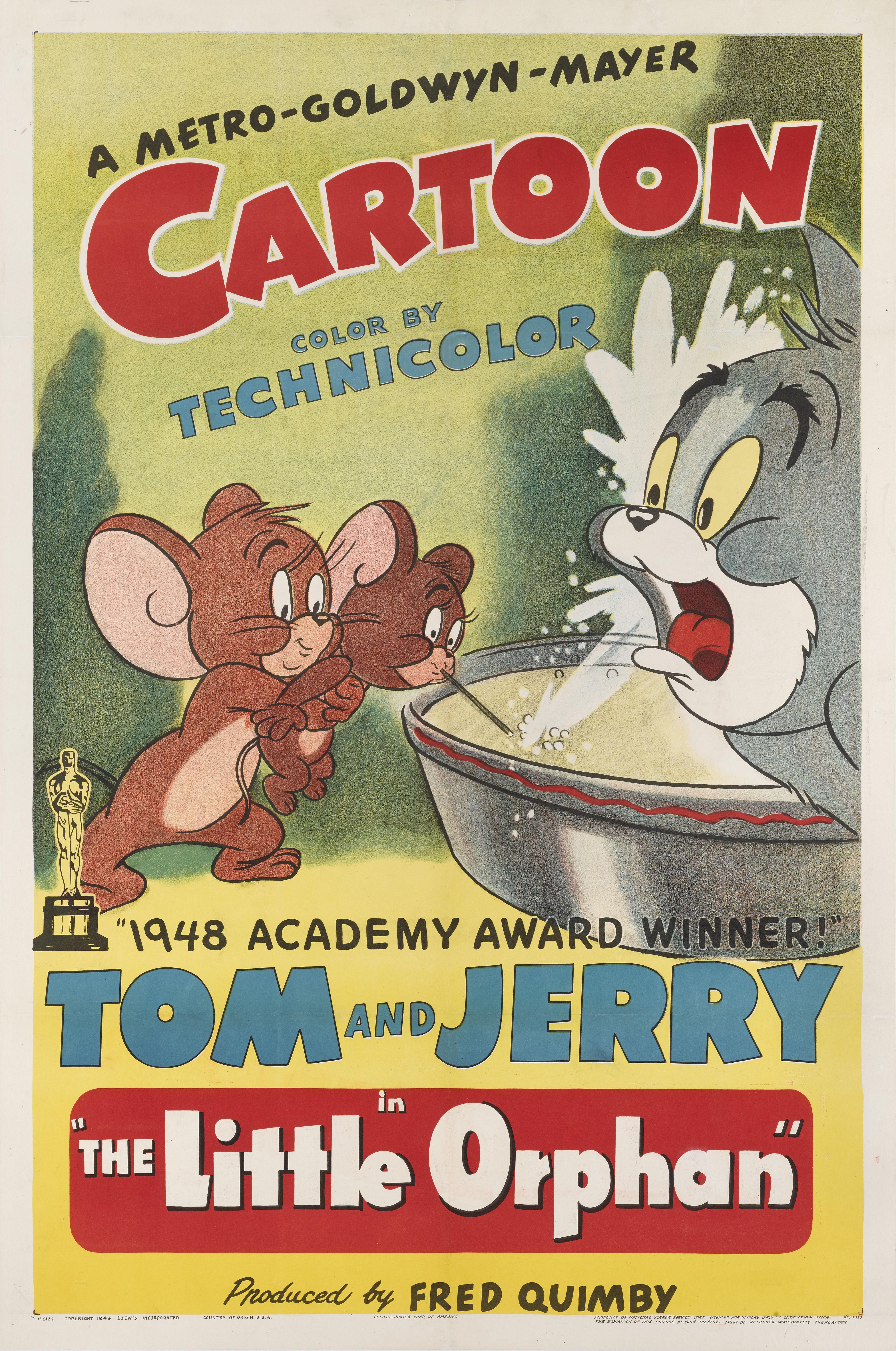 Original American film poster for the 1949  short animation Tom and Jerry: The Little Orphan.
This poster is conservation linen backed it would be shipped rolled in a strong tube and sent by Federal Express.