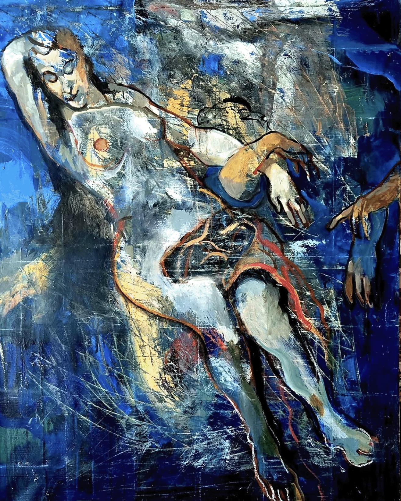 Diana (Oda a Van Dyke) desnudo femenino con pinceladas en tonos azules