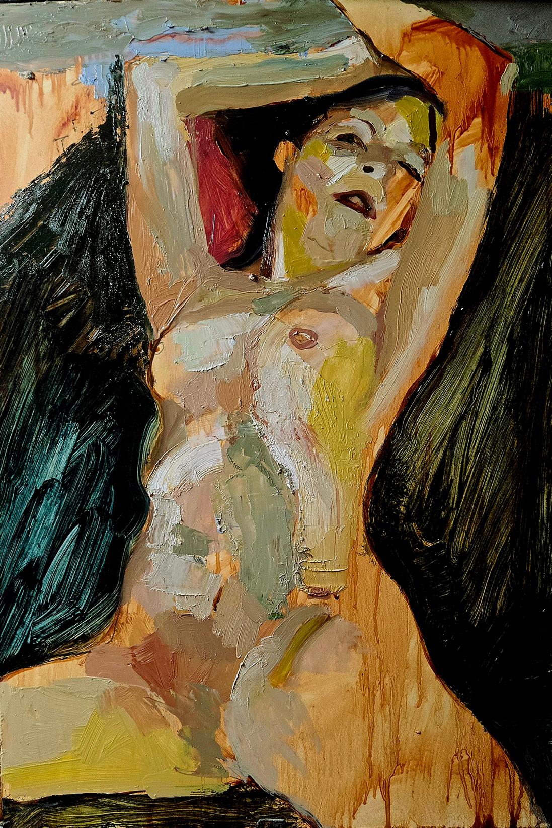 Nude Painting di Tom Bennett - Far in Mind, nudo femminile colorato reclinato sguardo diretto