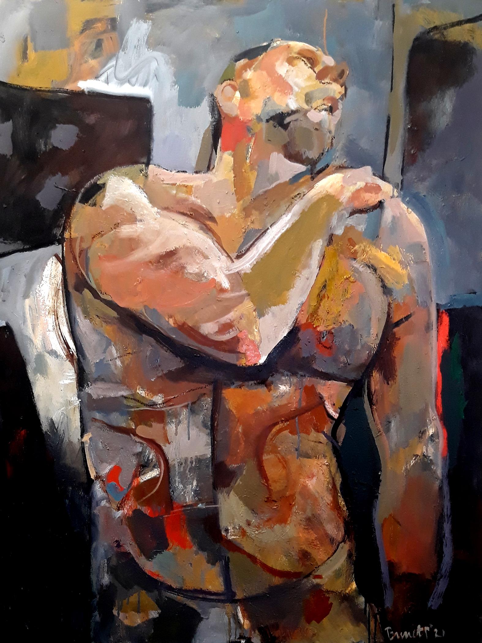 Tom Bennett Figurative Painting - Interminable, colorful abstracted male nude figure modern cubist
