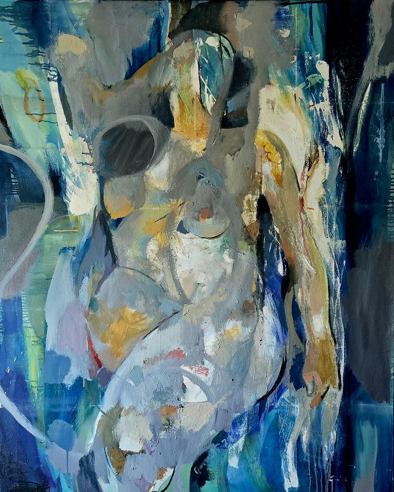 Figurative Painting de Tom Bennett - La dama de las moscas, tonos azules, figura femenina abstracta