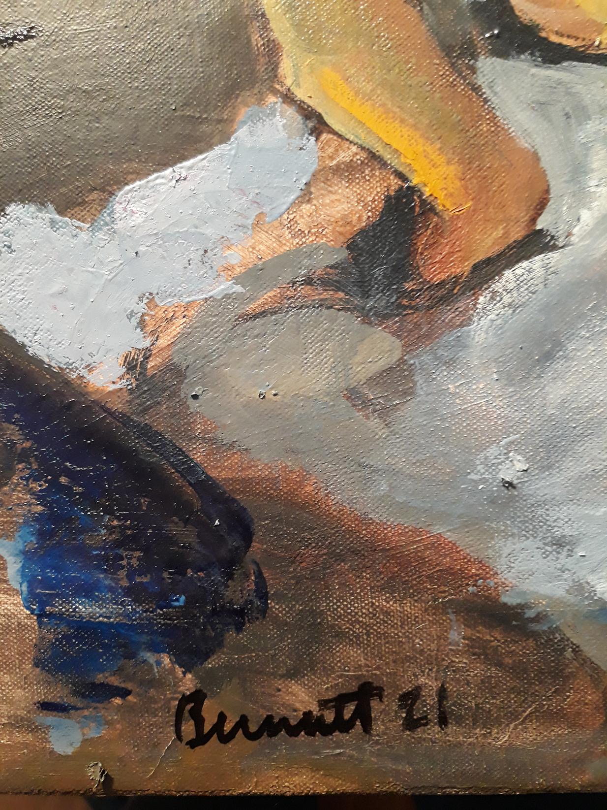 Corne d'amour, figure masculine nue abstraite classique et gestuelle, chien, bleu, ton terre - Painting de Tom Bennett