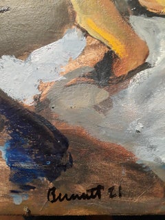 Love Scorn, figura astratta gestuale classica di nudo maschile, cane, blu, tonalità della terra