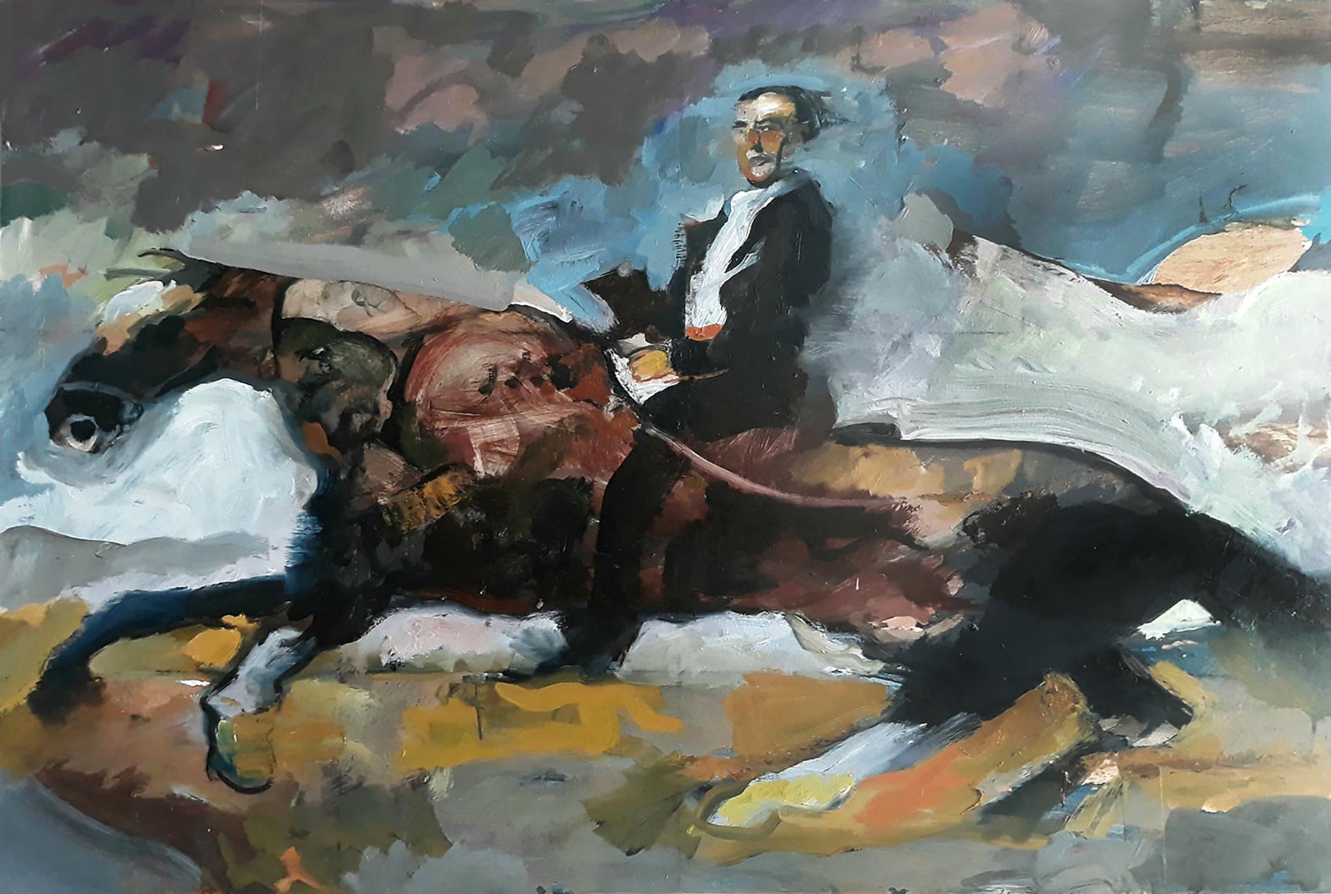 Tom Bennett Animal Painting - No Beef with Wellington (after Goya) abstracted horse, rider, classical style