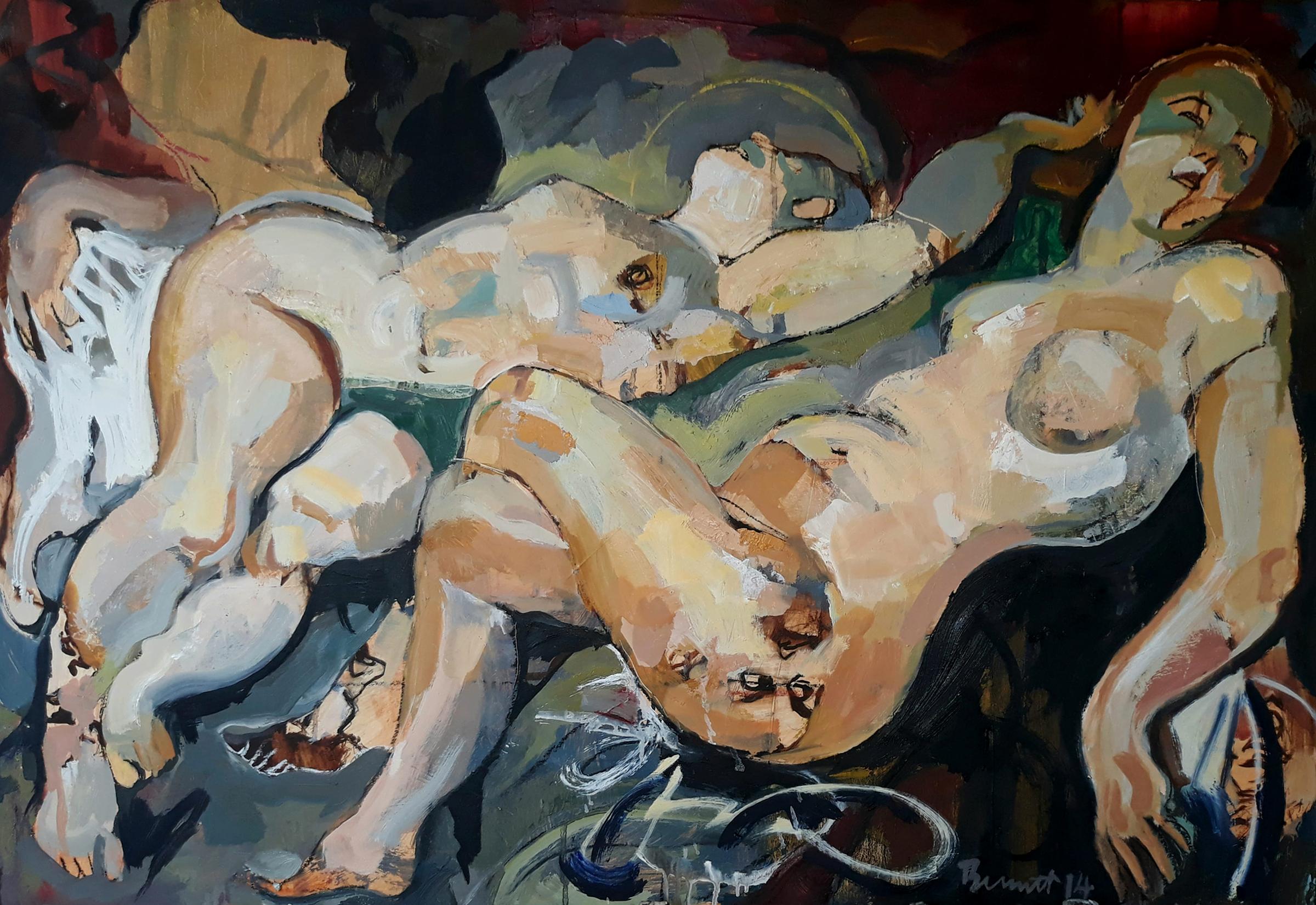 "Nymphs" two voluptuous female nudes, gestural abstracted figures, clear colors