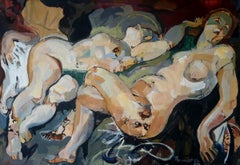 Deux nus féminins voluptueux « Nymphes », figures abstraites gestuelles, couleurs claires